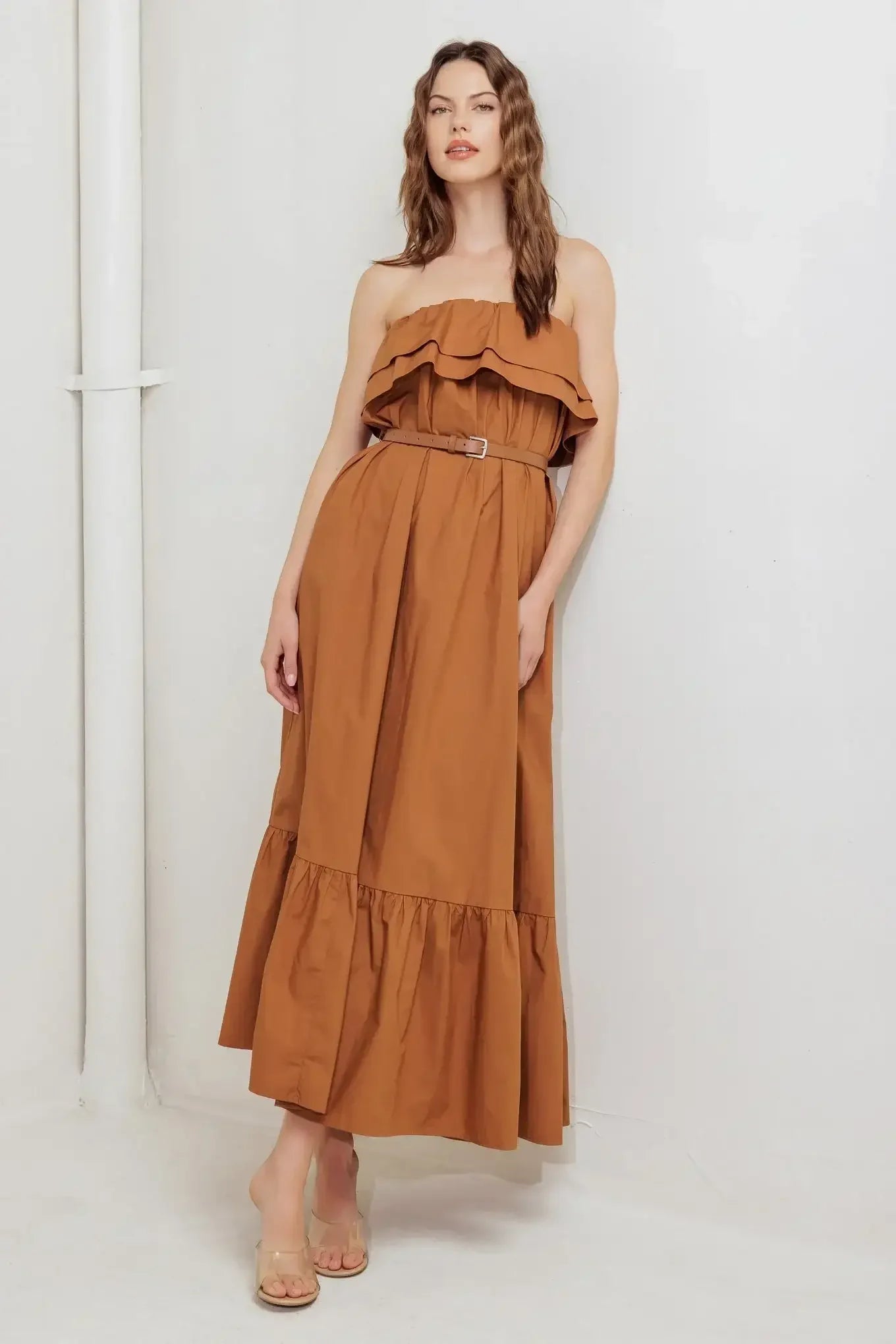 MILK & HONEY STRAPLESS BROWN MIDI DRESS
