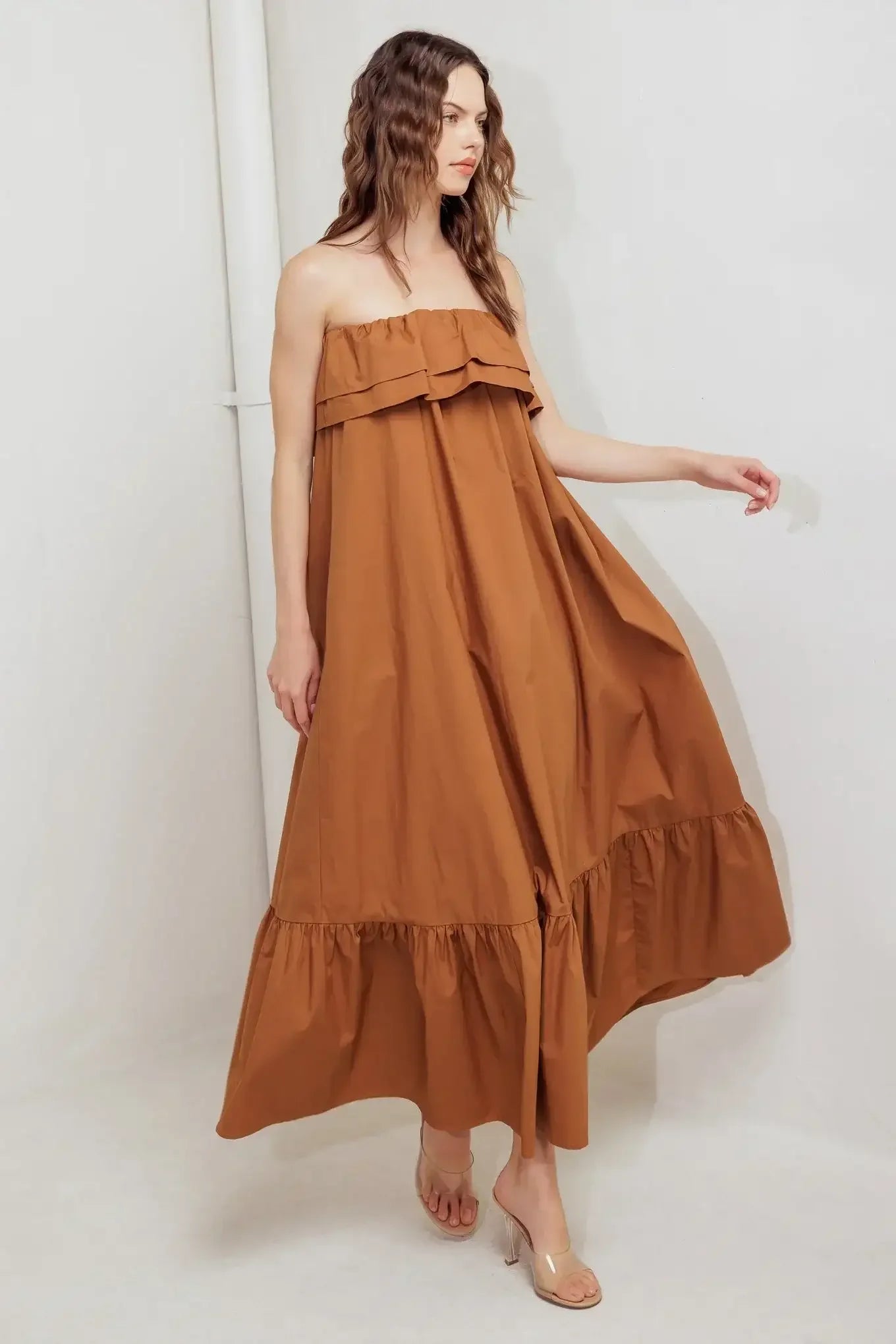 MILK & HONEY STRAPLESS BROWN MIDI DRESS