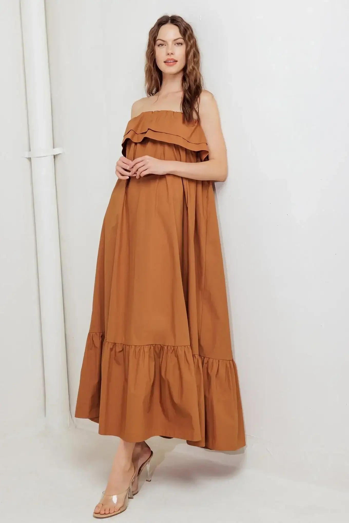 MILK & HONEY STRAPLESS BROWN MIDI DRESS