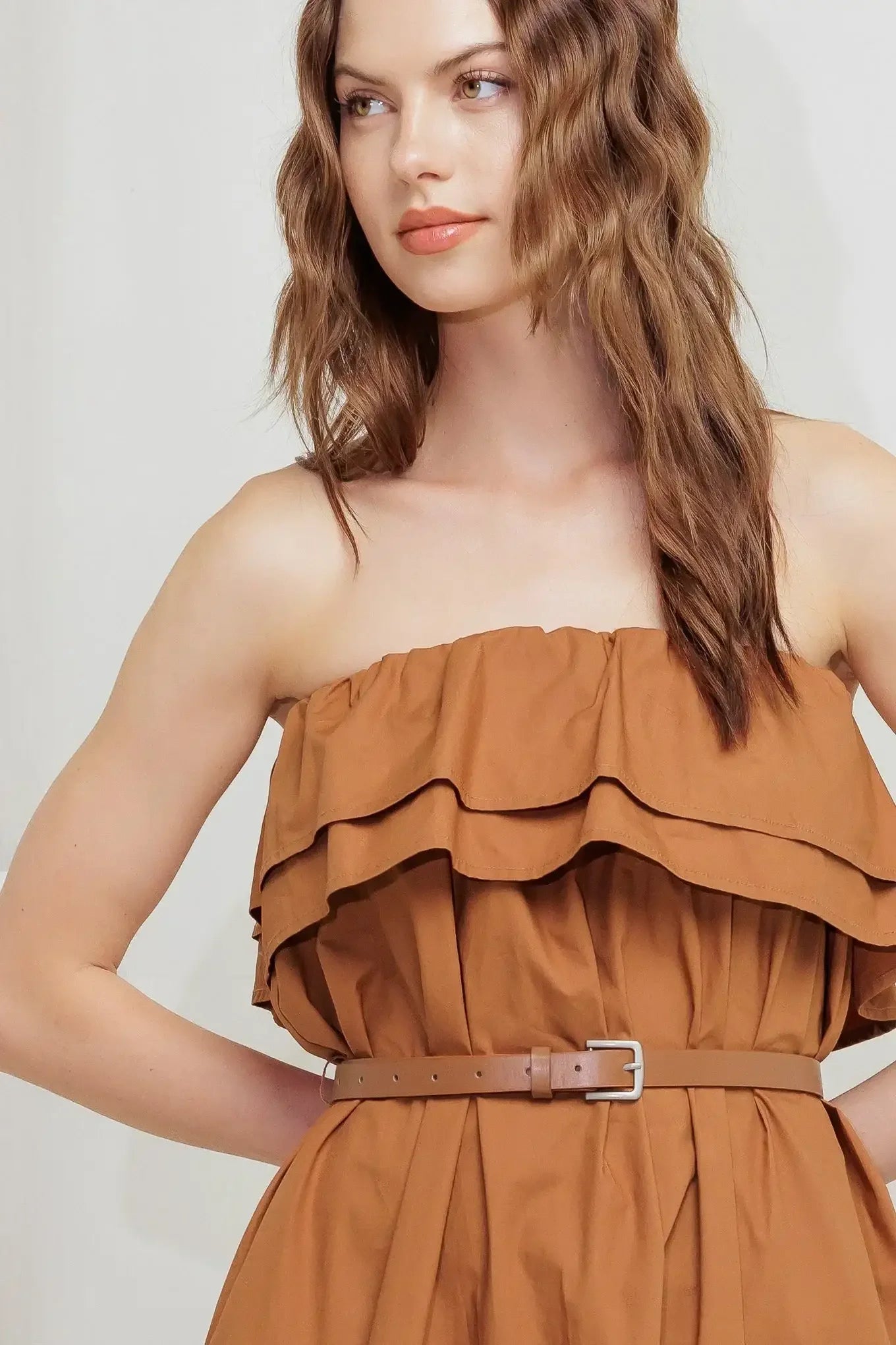 MILK & HONEY STRAPLESS BROWN MIDI DRESS