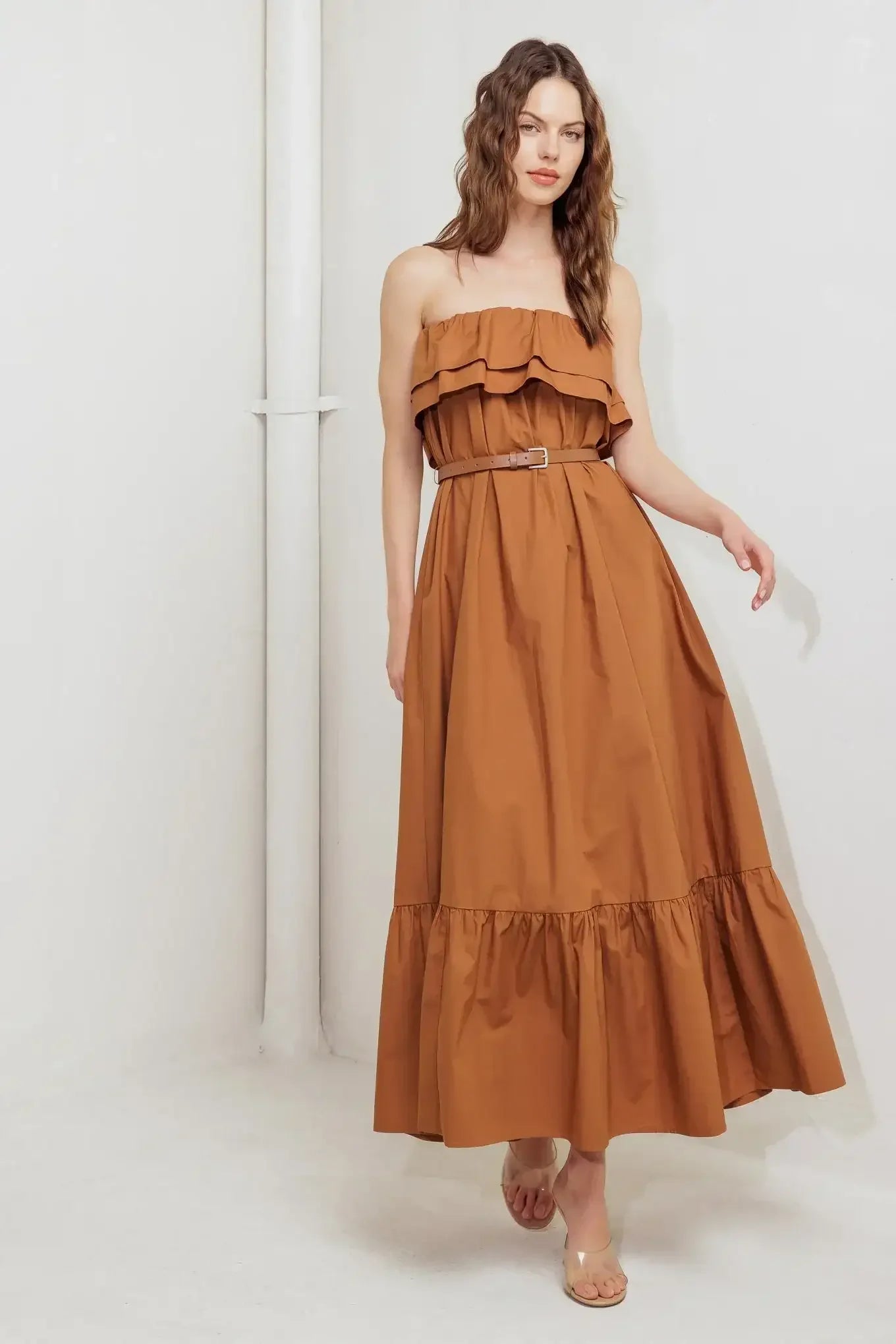 MILK & HONEY STRAPLESS BROWN MIDI DRESS
