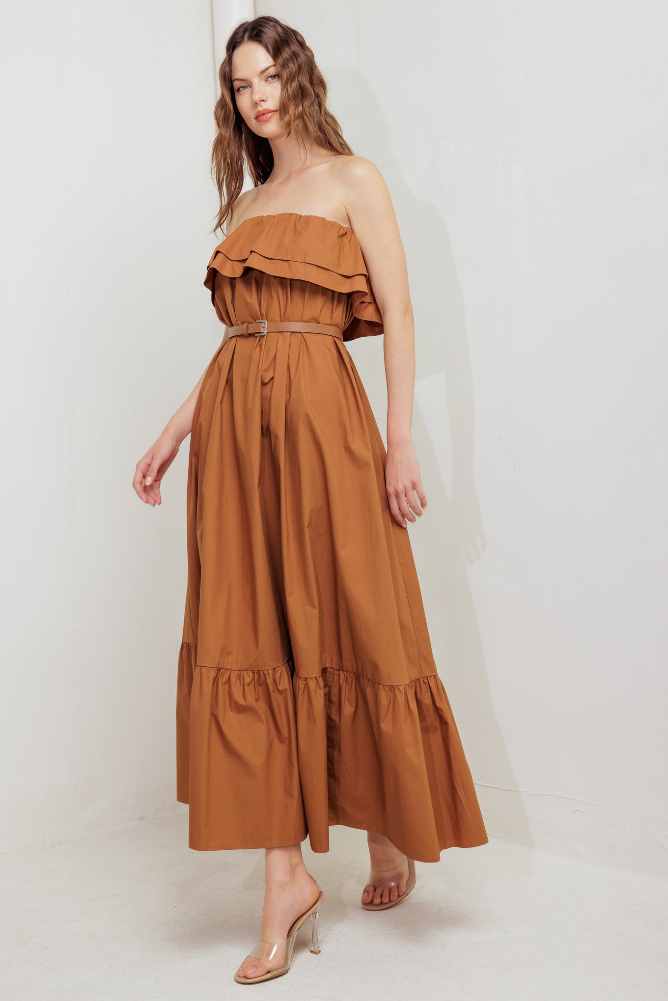 MILK & HONEY STRAPLESS BROWN MIDI DRESS