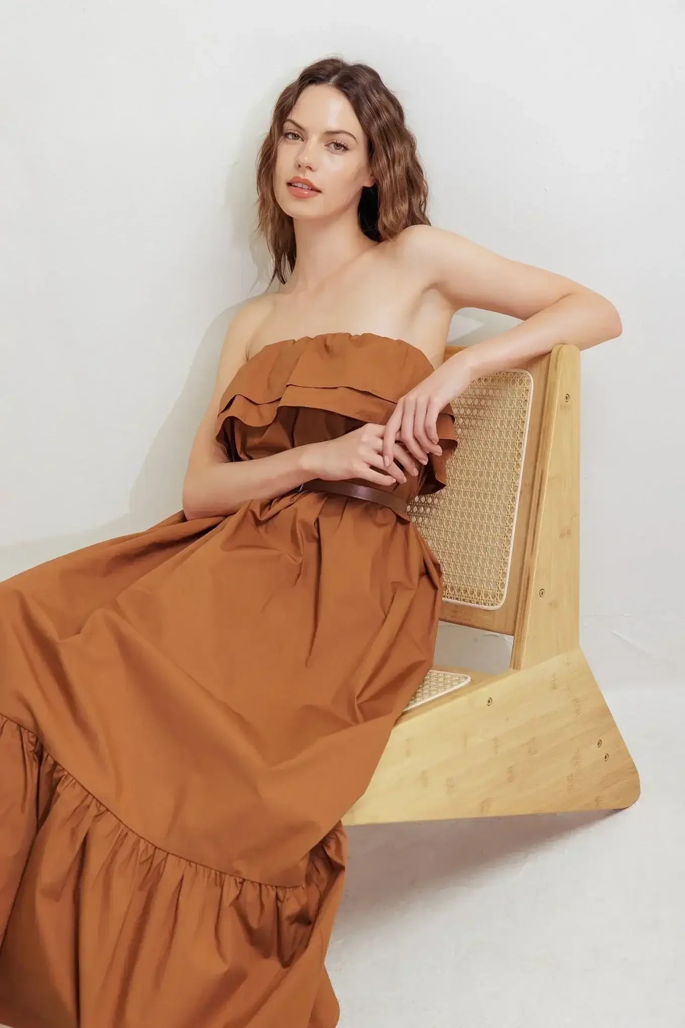 MILK & HONEY STRAPLESS BROWN MIDI DRESS