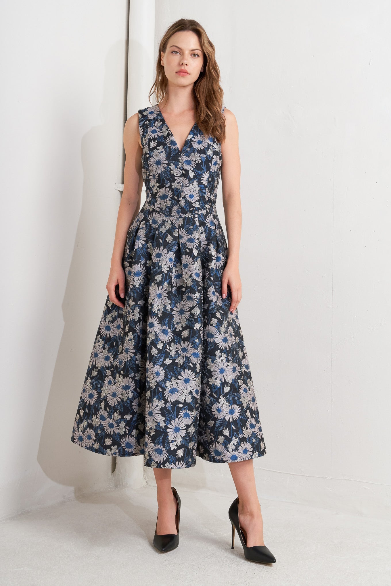 NAVY FLORAL JACQUARD MIDI DRESS WITH POCKETS