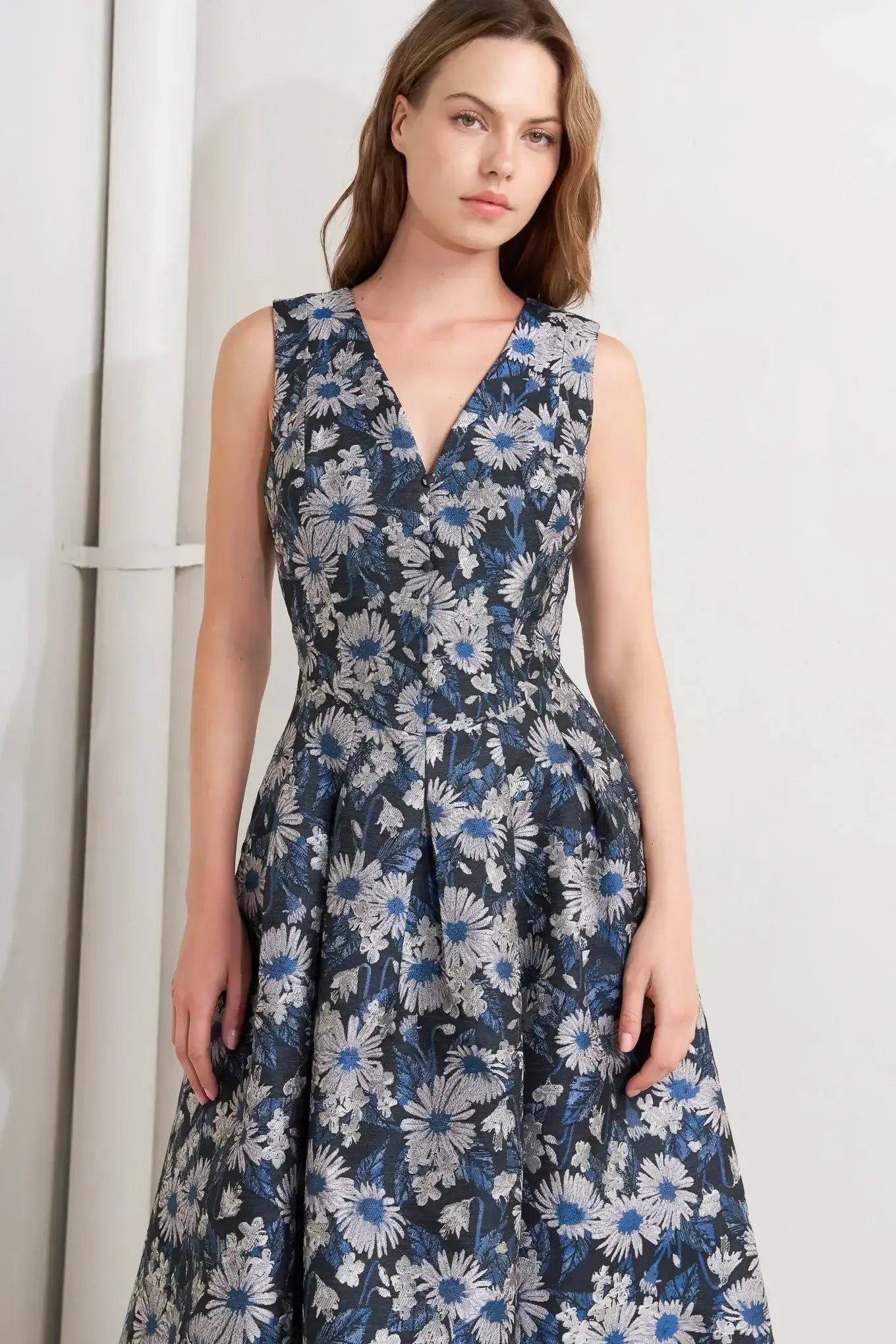 NAVY FLORAL JACQUARD MIDI DRESS WITH POCKETS