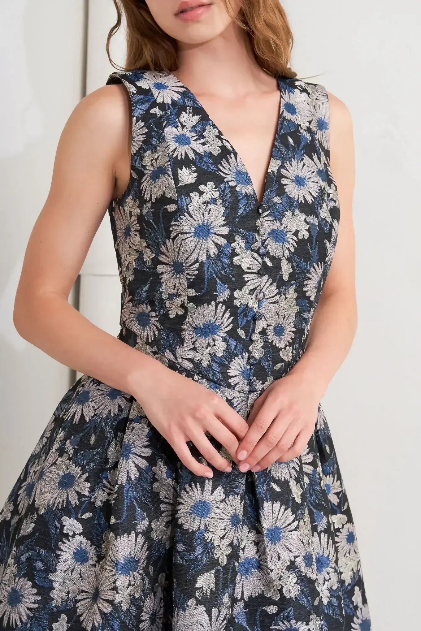 NAVY FLORAL JACQUARD MIDI DRESS WITH POCKETS