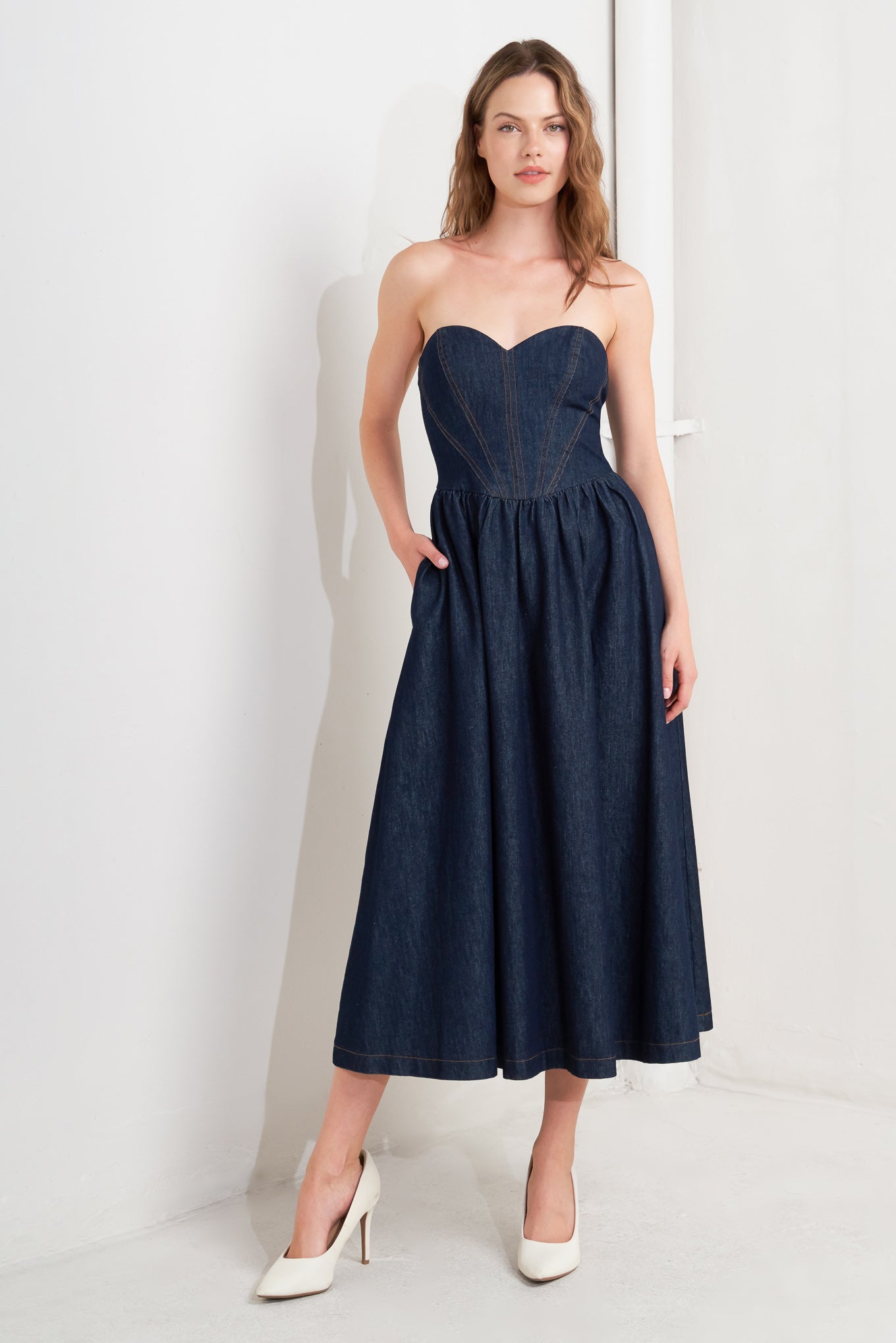 VINTAGE SIREN DARK DENIM MIDI DRESS