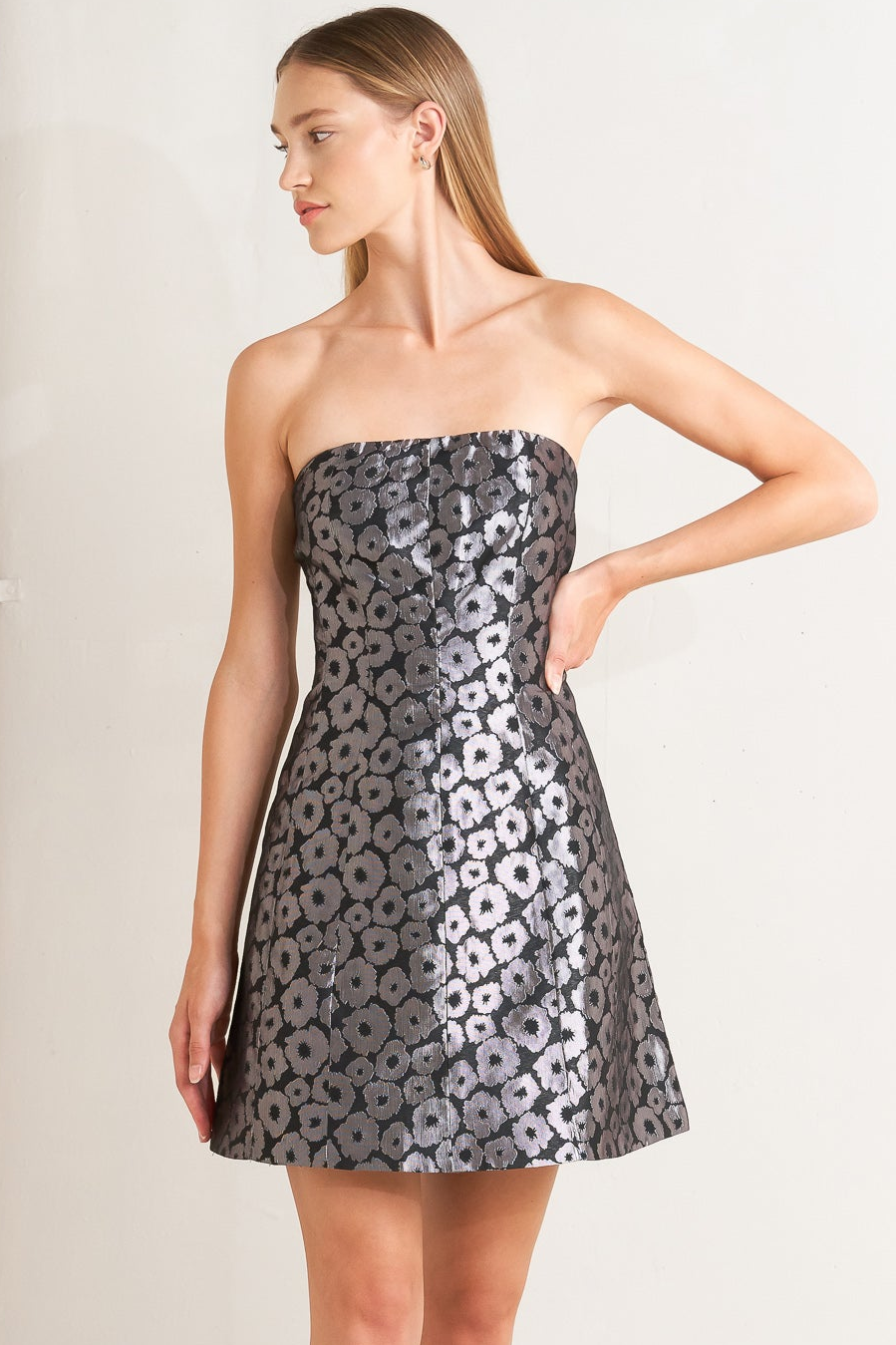 SHINE ON BLACK & SILVER STRAPLESS MINI DRESS
