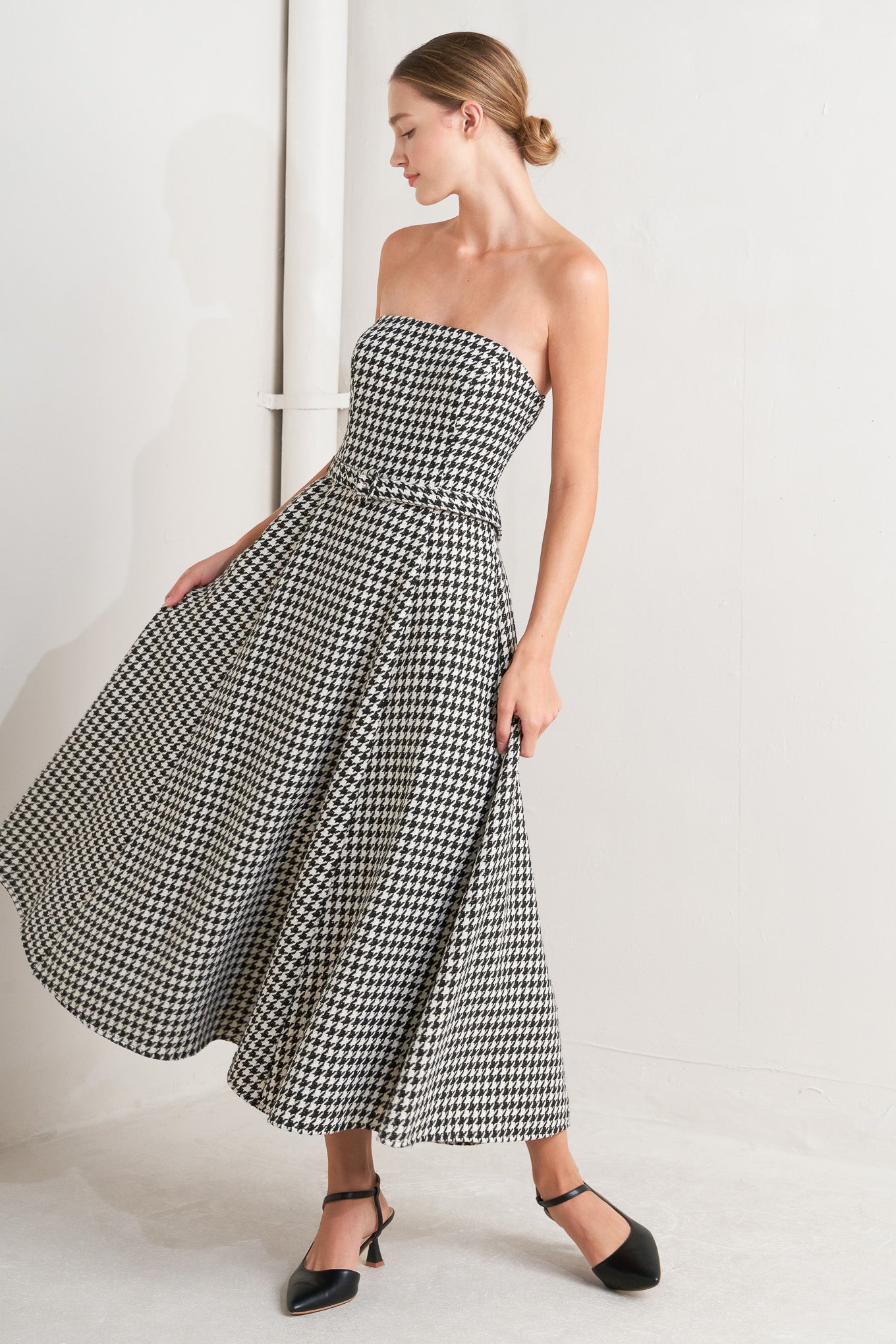 MONOCHROME BALLET HOUNDSTOOTH MIDI DRESS