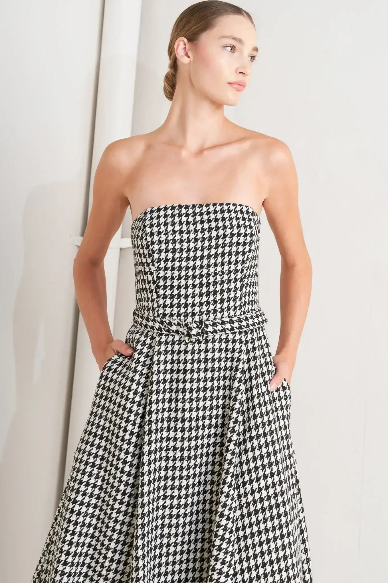 MONOCHROME BALLET HOUNDSTOOTH MIDI DRESS