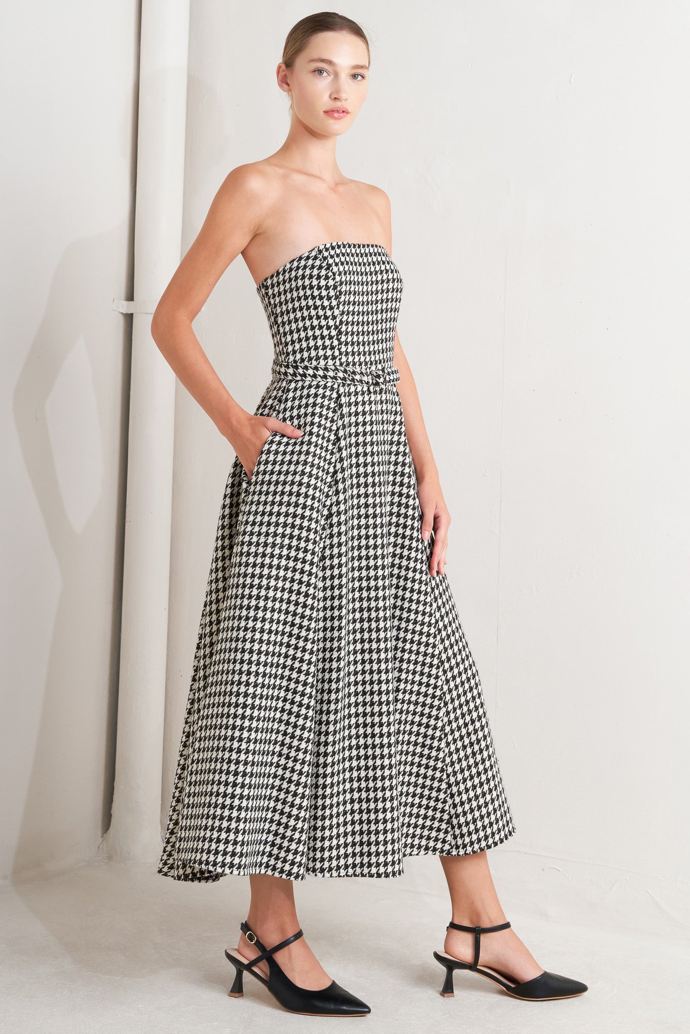 MONOCHROME BALLET HOUNDSTOOTH MIDI DRESS