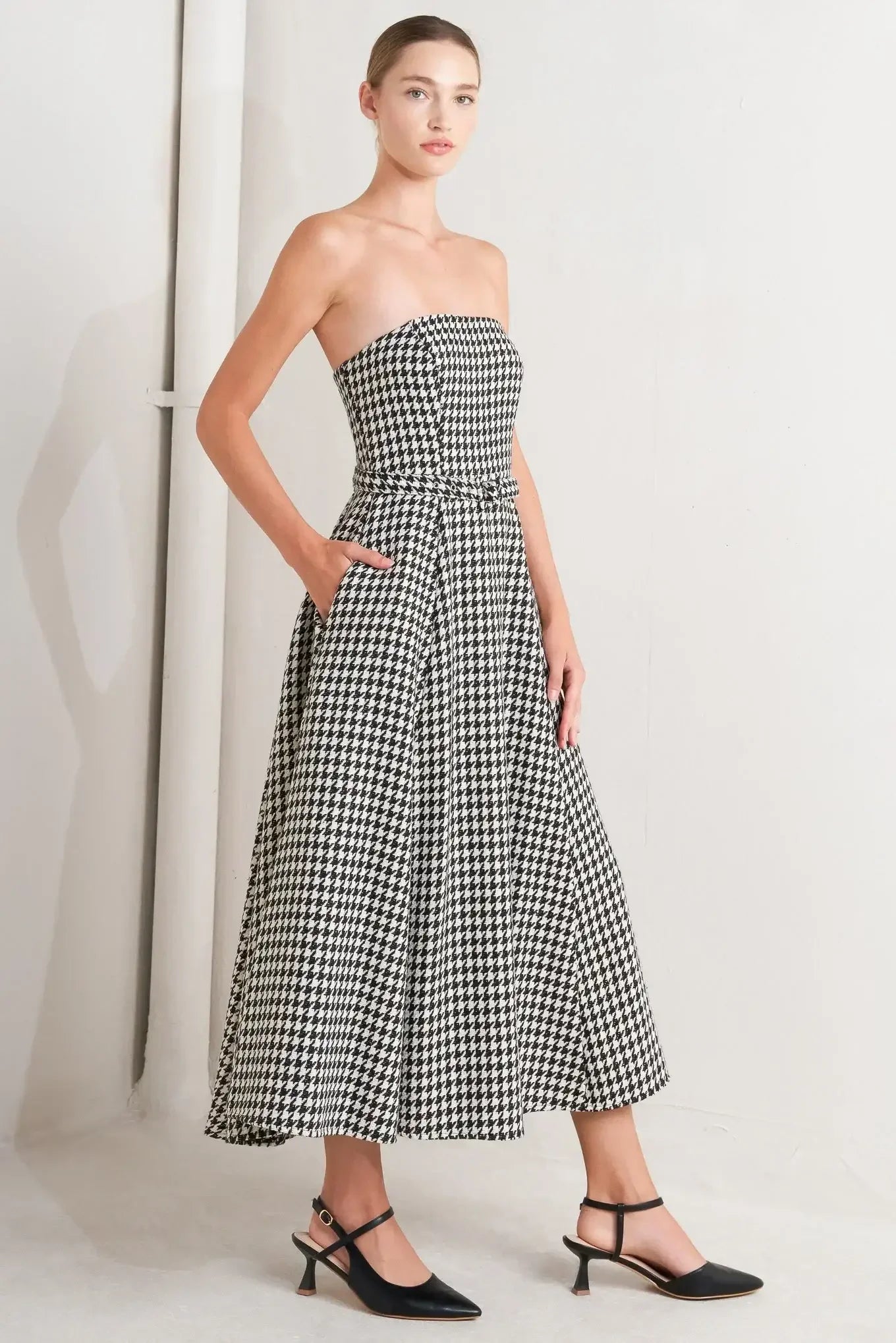 MONOCHROME BALLET HOUNDSTOOTH MIDI DRESS