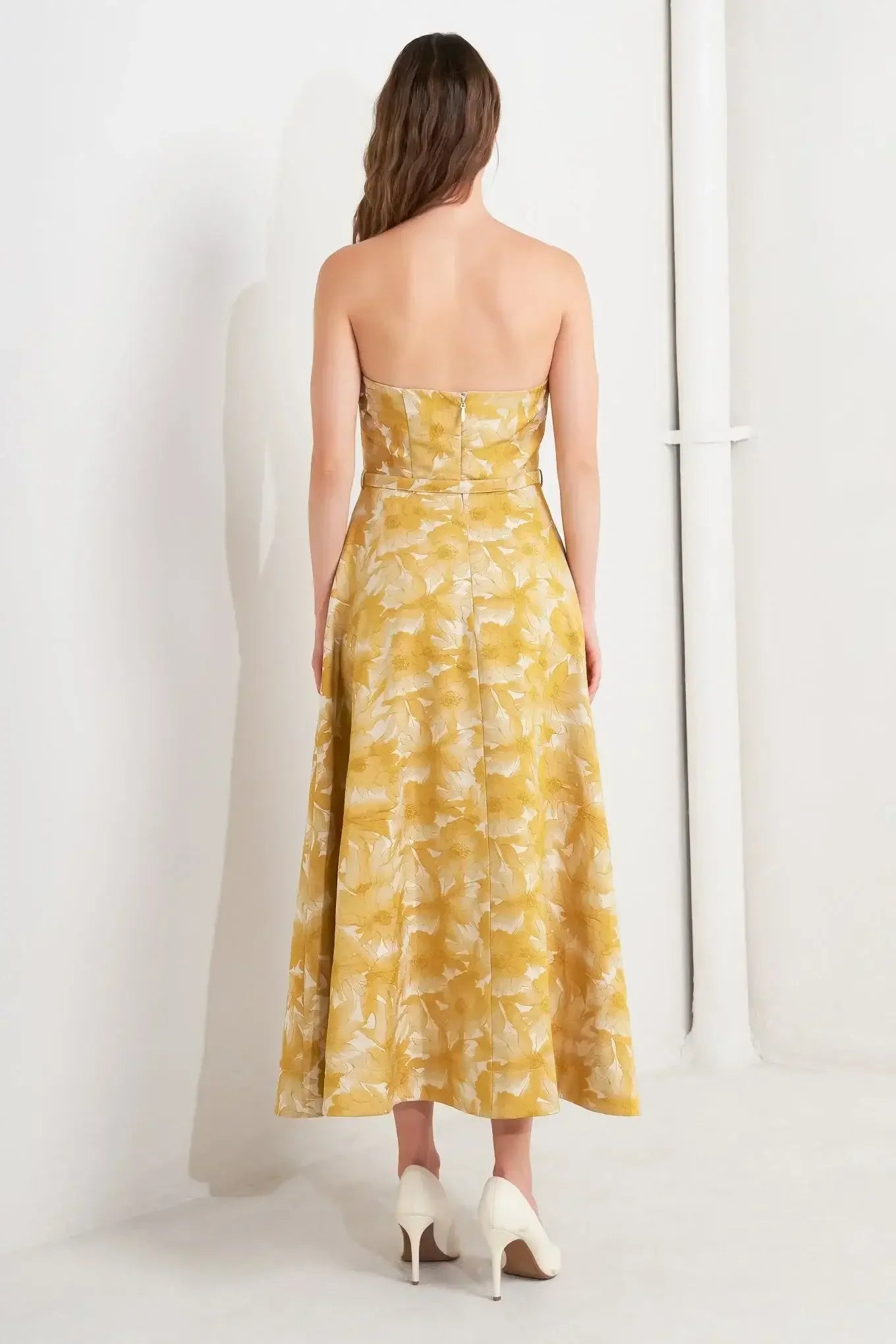 MARIS FLORAL JACQUARD MUSTARD MIDI DRESS