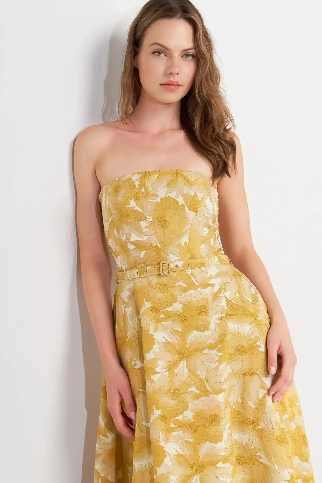 MARIS FLORAL JACQUARD MUSTARD MIDI DRESS