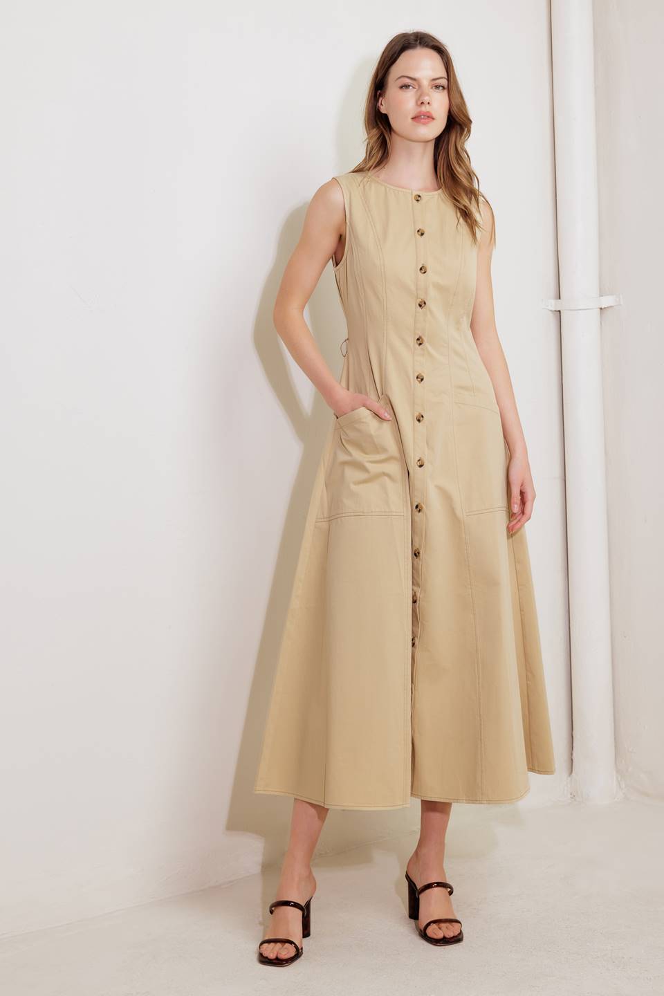 MAISIE MIDI DRESS BUTTON FRONT LIGHT BROWN DRESS