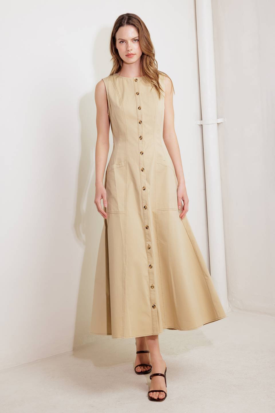 MAISIE MIDI DRESS BUTTON FRONT LIGHT BROWN DRESS