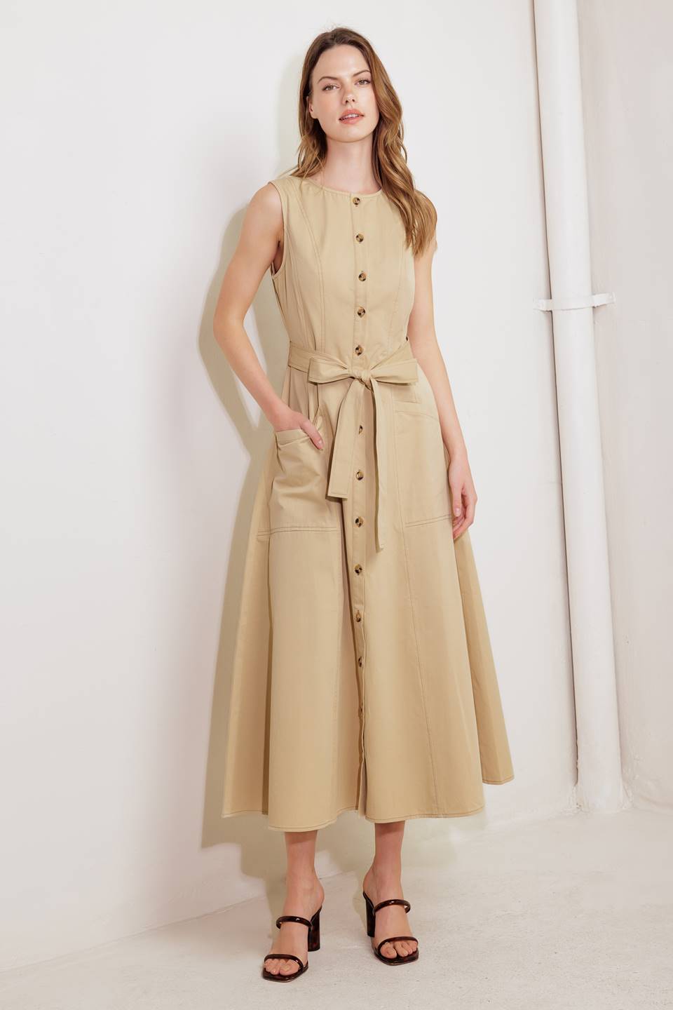MAISIE MIDI DRESS BUTTON FRONT LIGHT BROWN DRESS