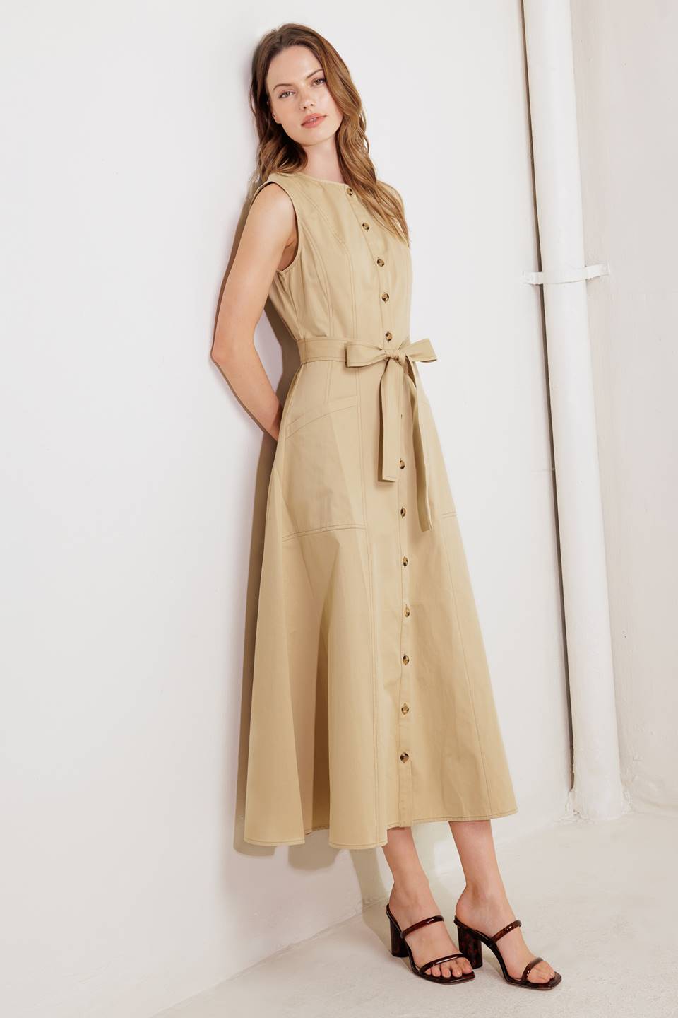 MAISIE MIDI DRESS BUTTON FRONT LIGHT BROWN DRESS
