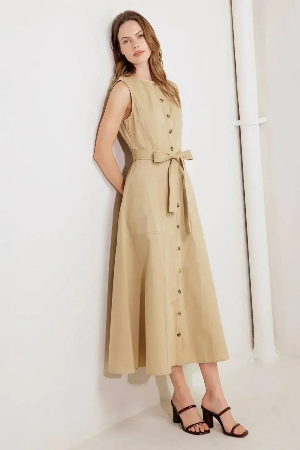 MAISIE MIDI DRESS BUTTON FRONT LIGHT BROWN DRESS