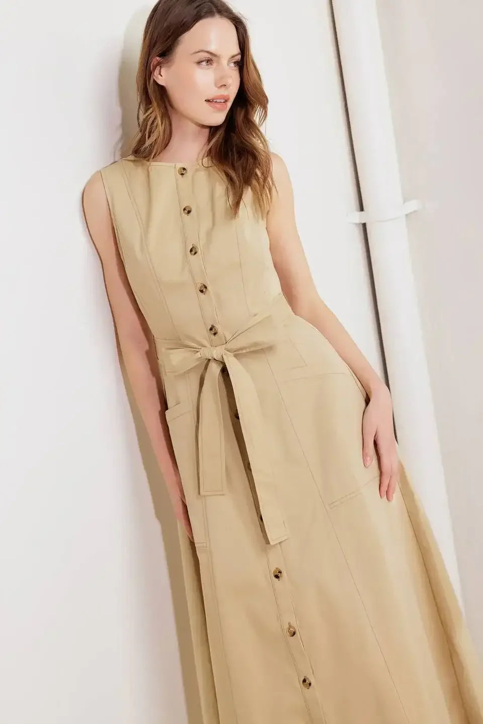 MAISIE MIDI DRESS BUTTON FRONT LIGHT BROWN DRESS