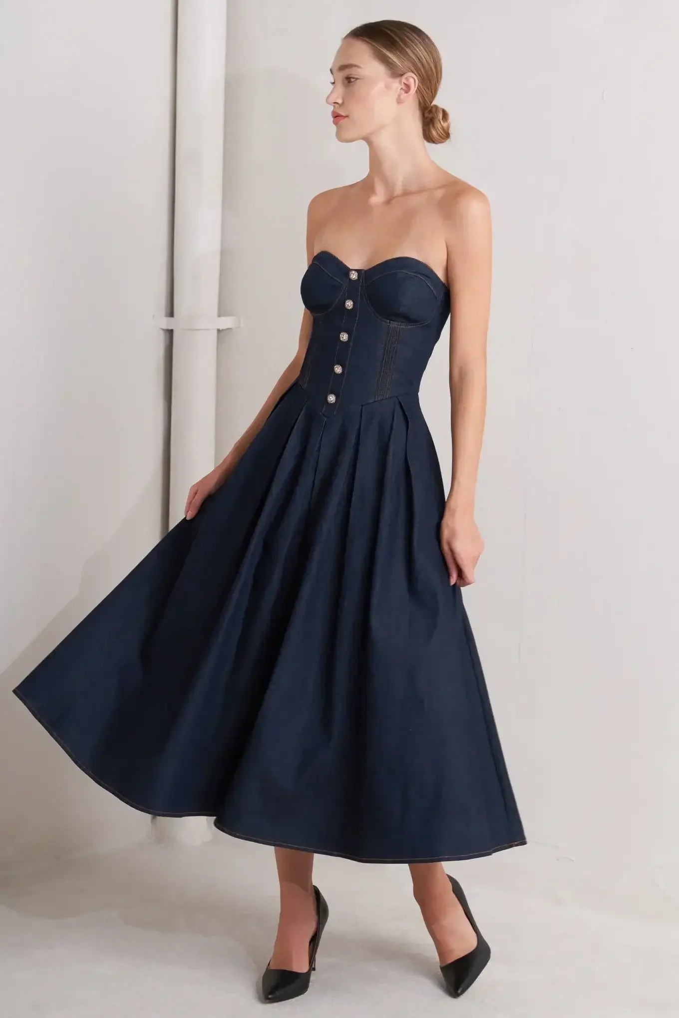 Navy strapless dress with buttons