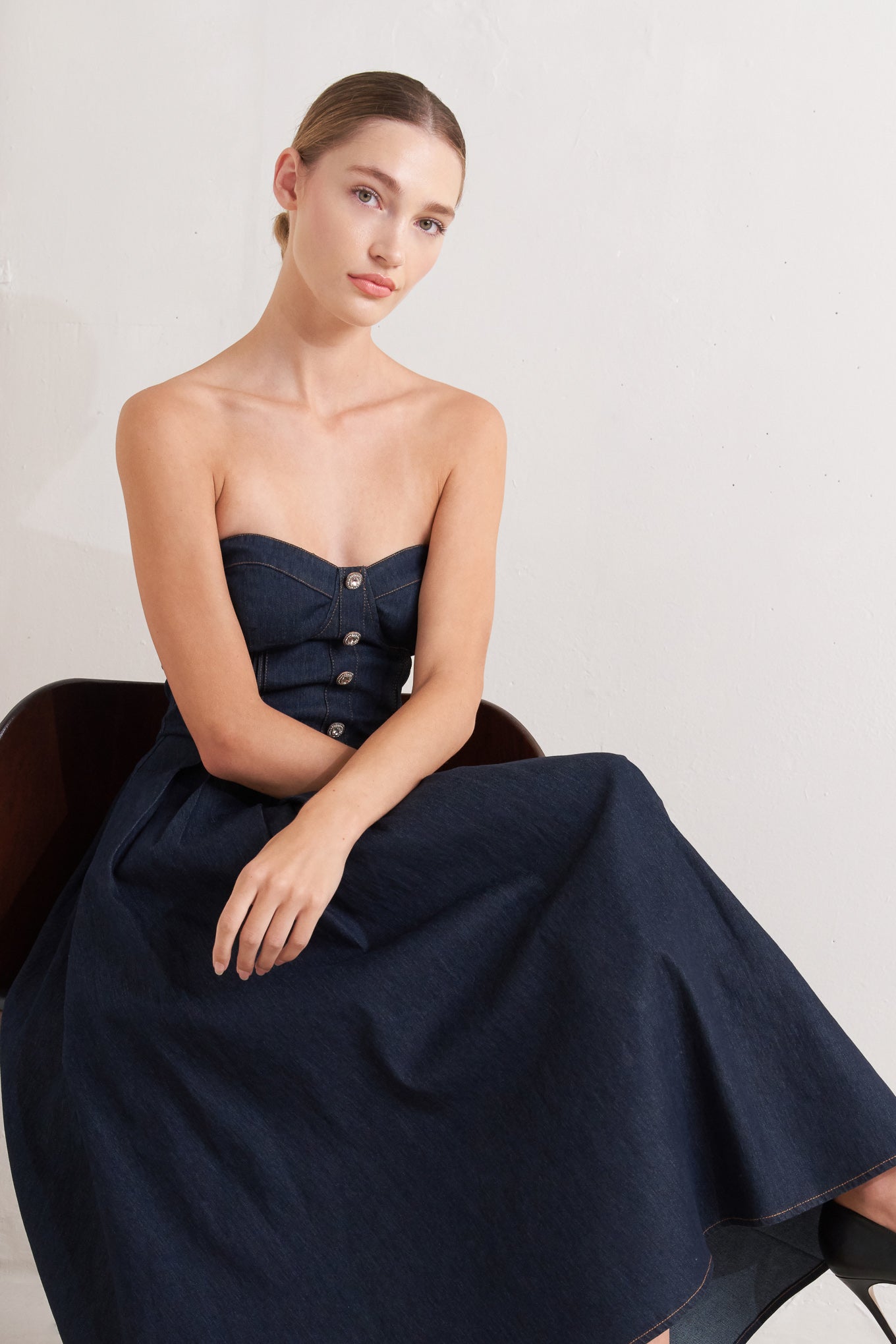 Navy strapless dress with buttons