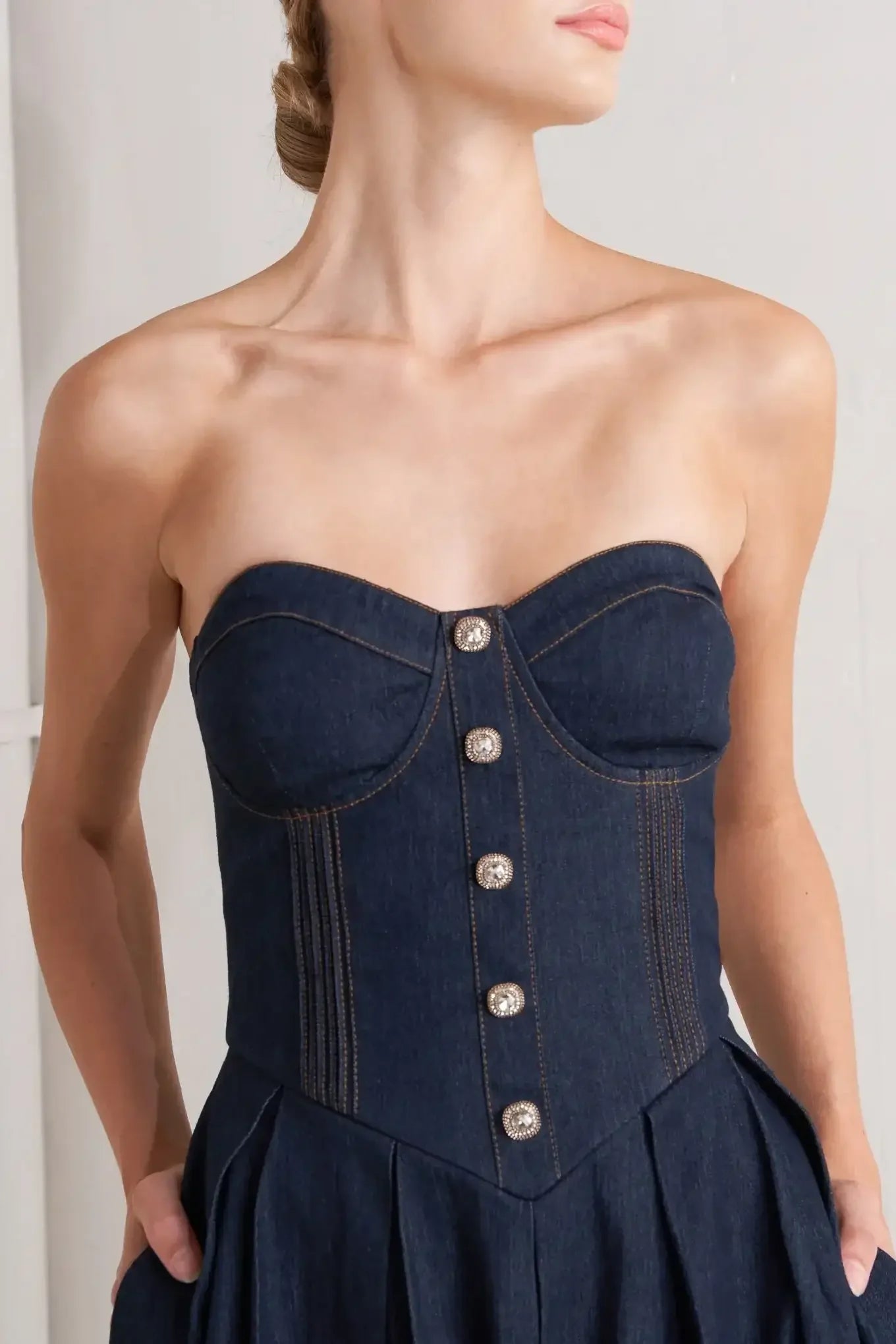 Navy strapless dress with buttons