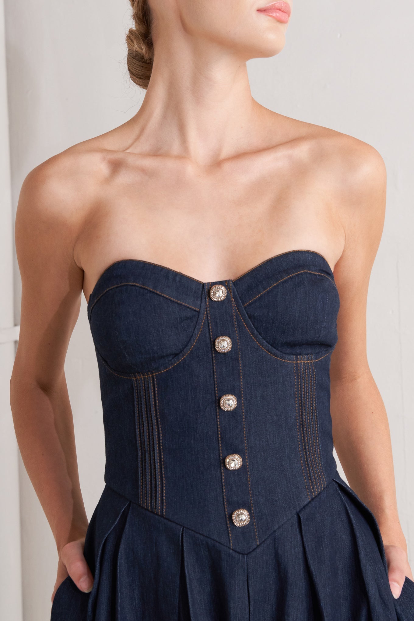 Navy strapless dress with buttons