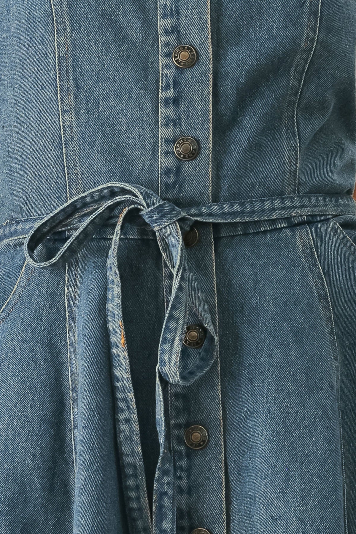 Strapless Button Front High Low Denim Midi Dress in Medium Indigo, close-up of buttons and tie waist | Lady Black Tie