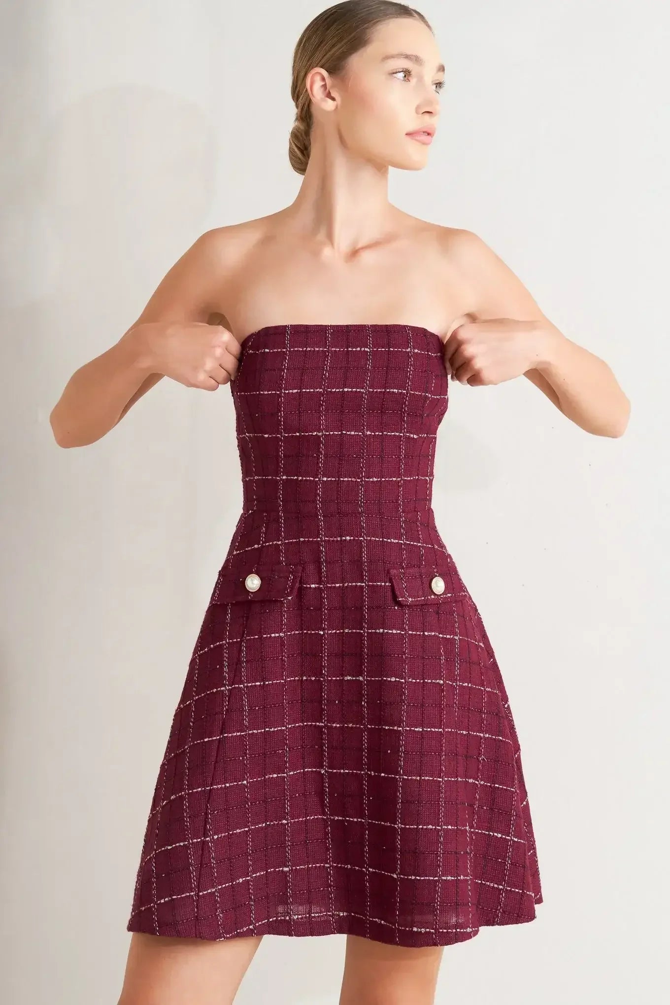 TWEED STRAPLESS MINI DRESS - WINE