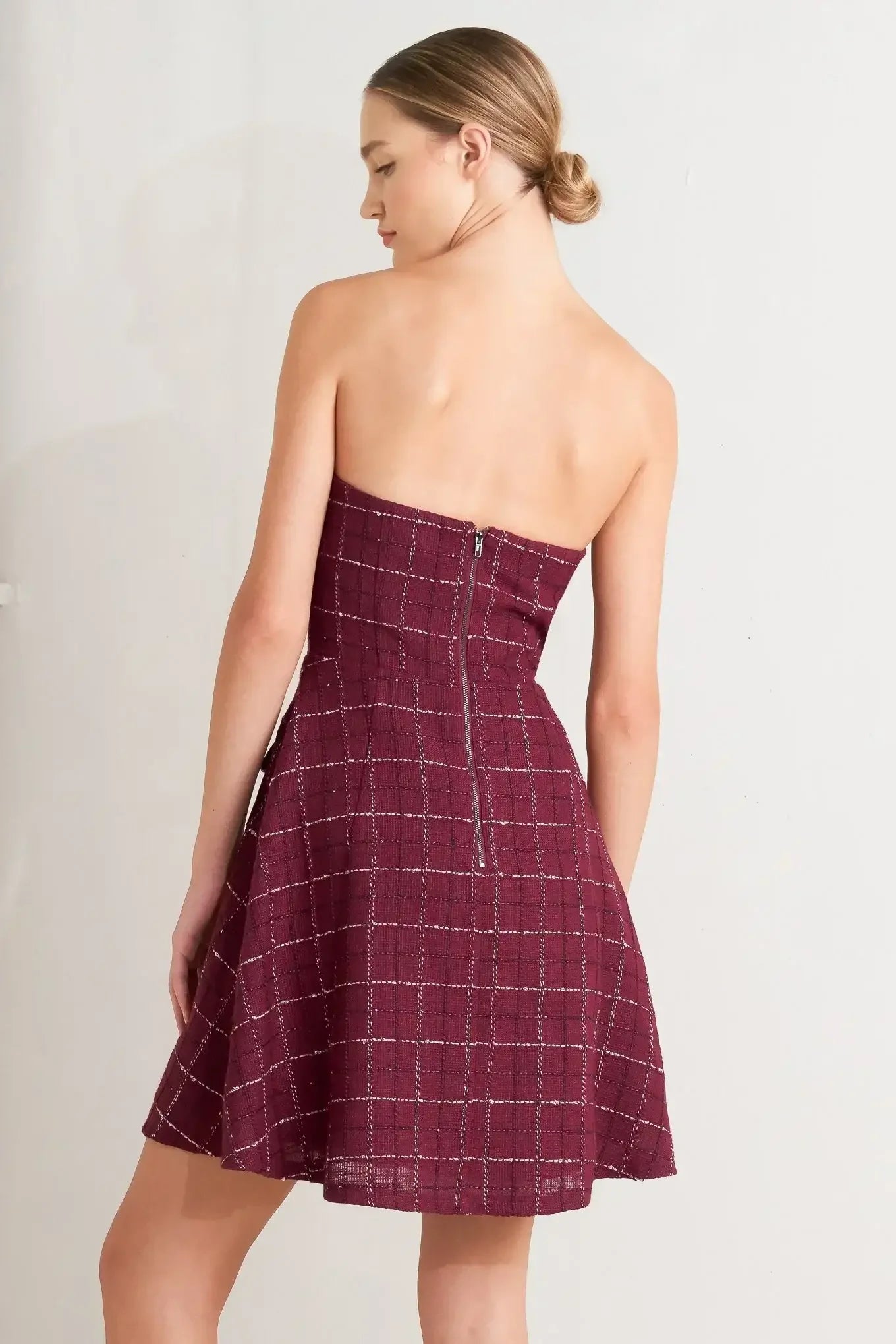 TWEED STRAPLESS MINI DRESS - WINE
