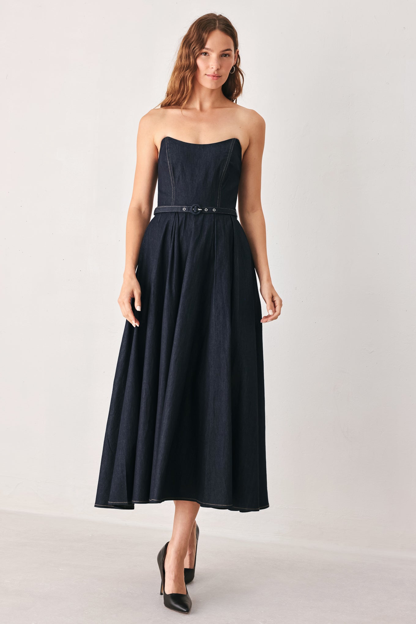 PARTY MUSE - STRAPLESS DARK DENIM MIDI DRESS