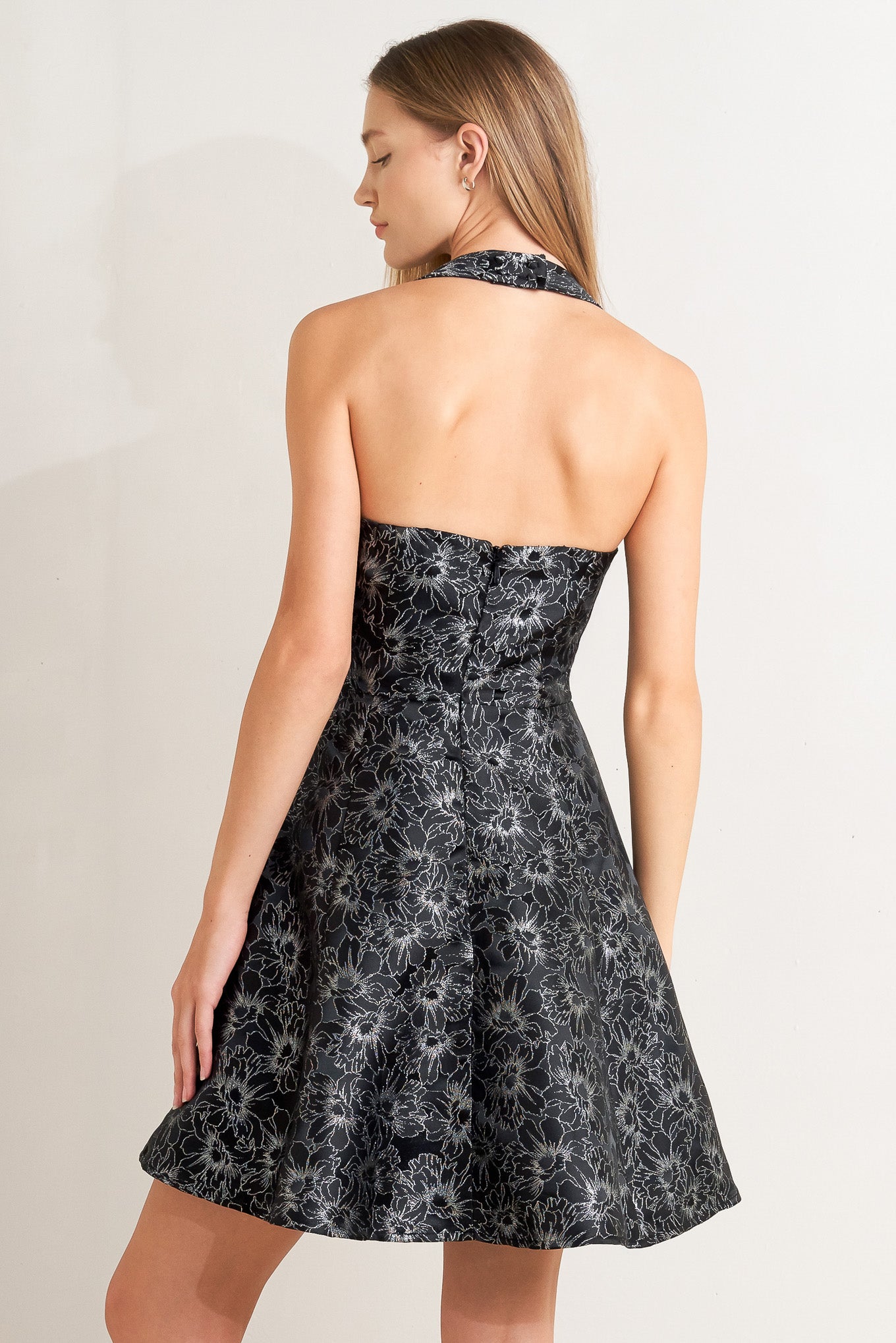 MYSTIC HOUR BLACK & SILVER JACQUARD MINI DRESS