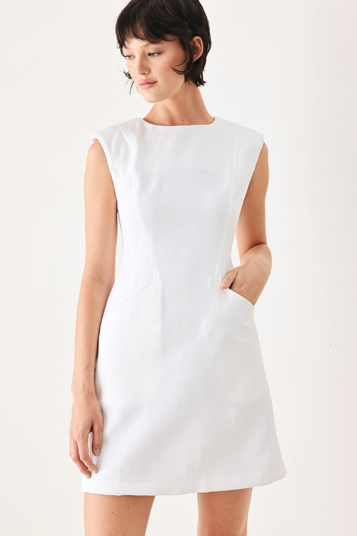 Off White Cap Sleeve Mini Shift Dress with Pockets in Off White, alternate view | Lady Black Tie