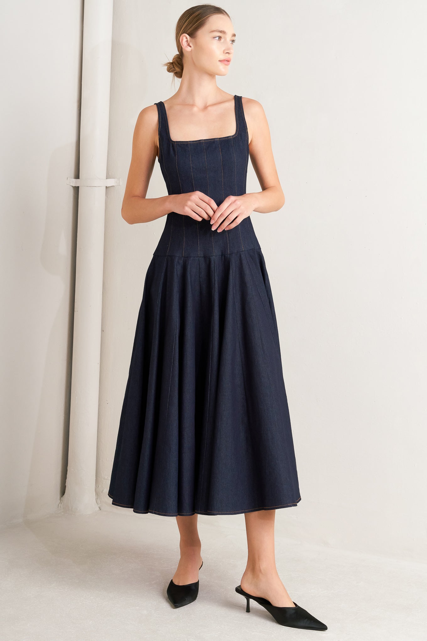 SQUARE NECKLINE DARK DENIM MIDI DRESS