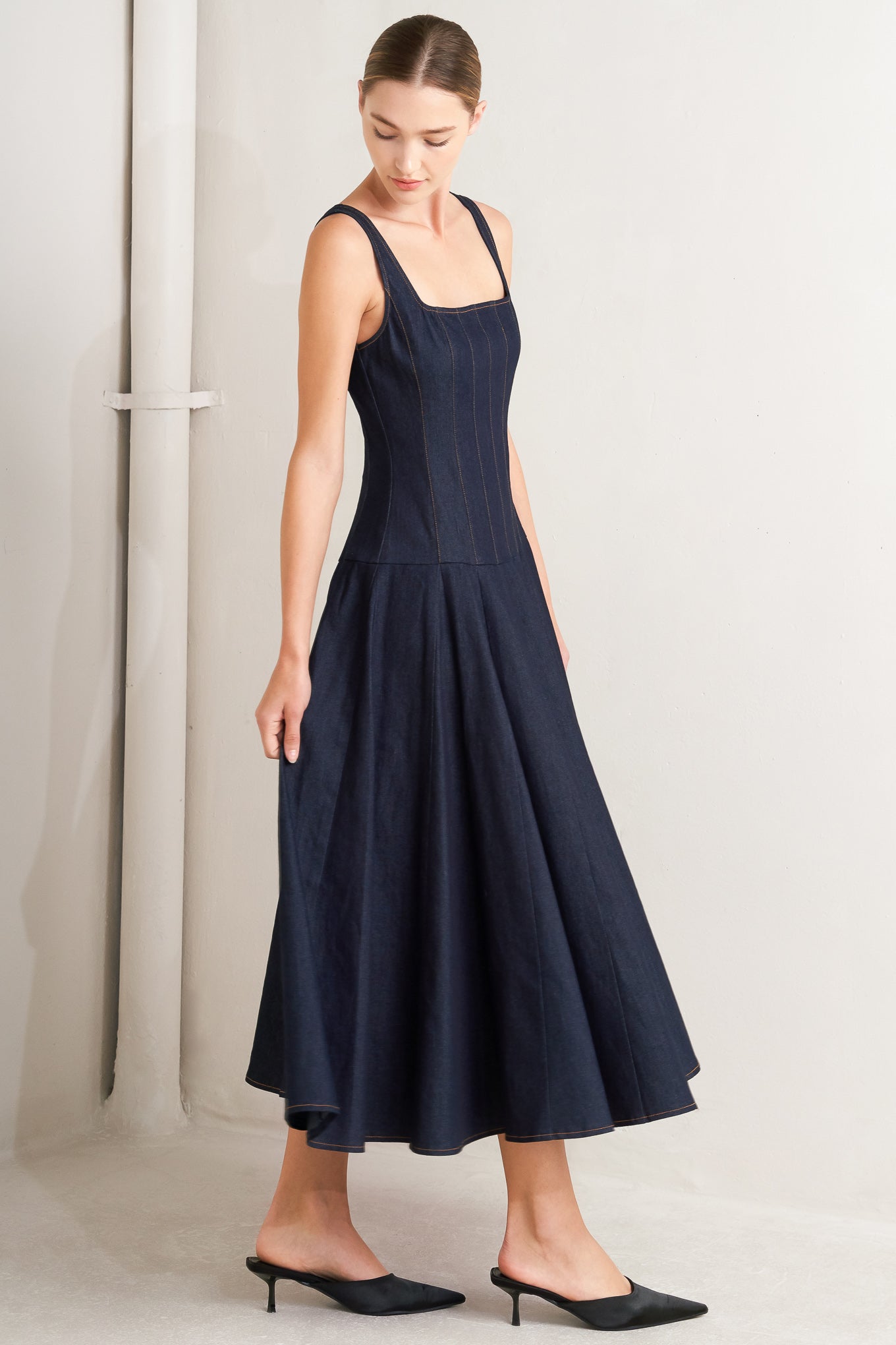 SQUARE NECKLINE DARK DENIM MIDI DRESS
