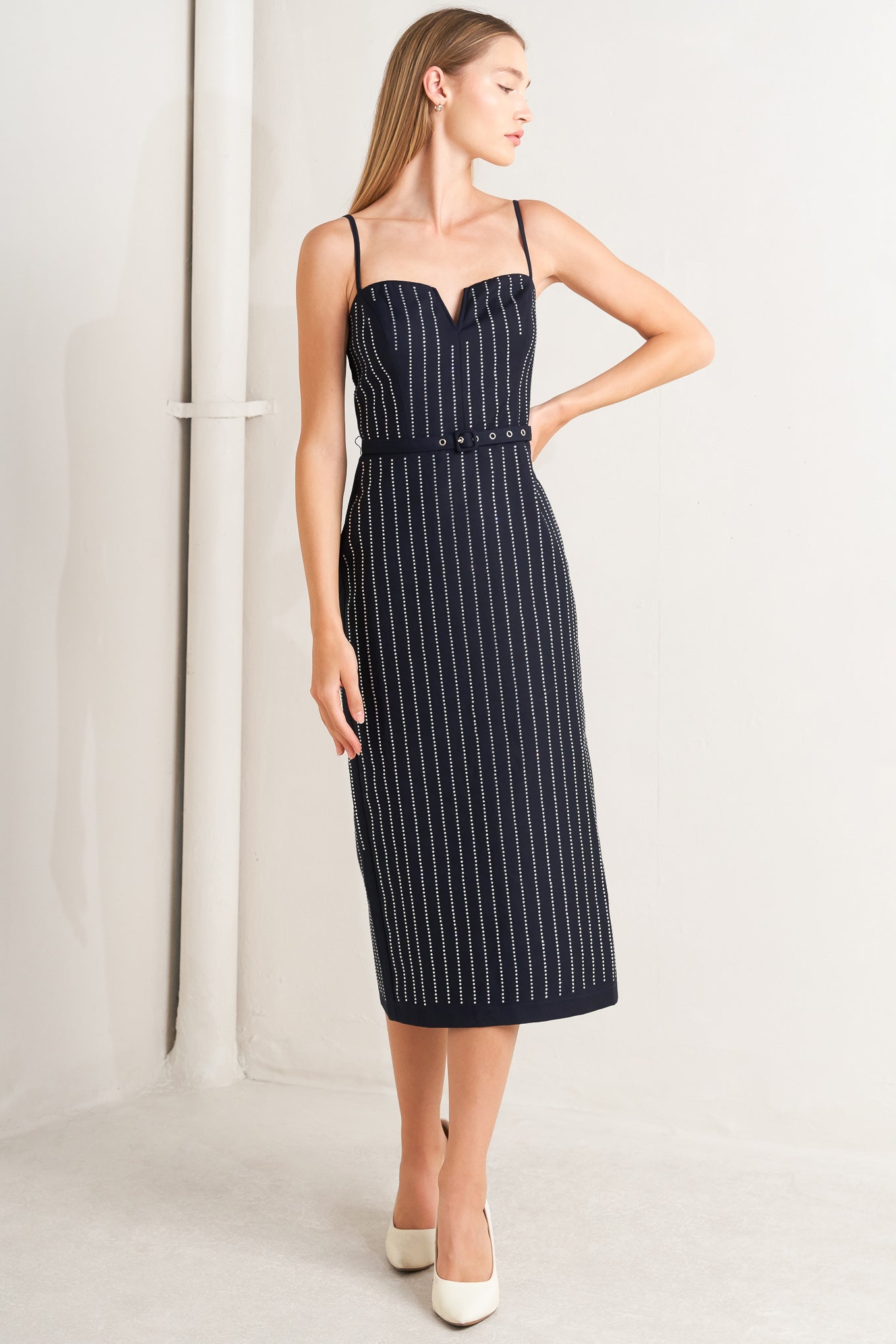 VERTICAL MICRO CRYSTAL NAVY MIDI DRESS