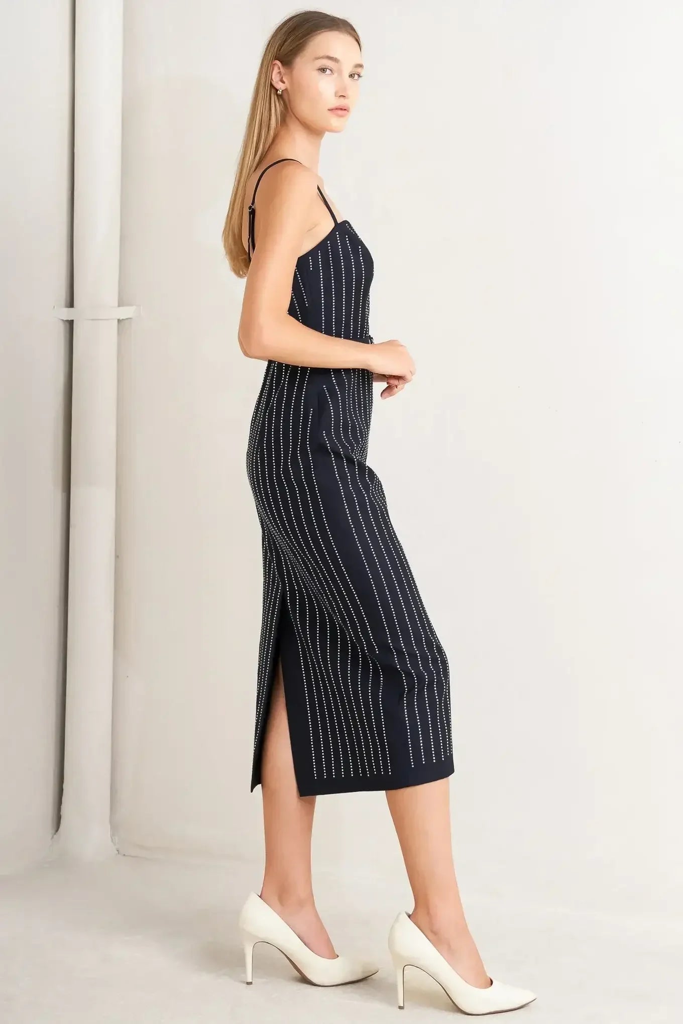 VERTICAL MICRO CRYSTAL NAVY MIDI DRESS
