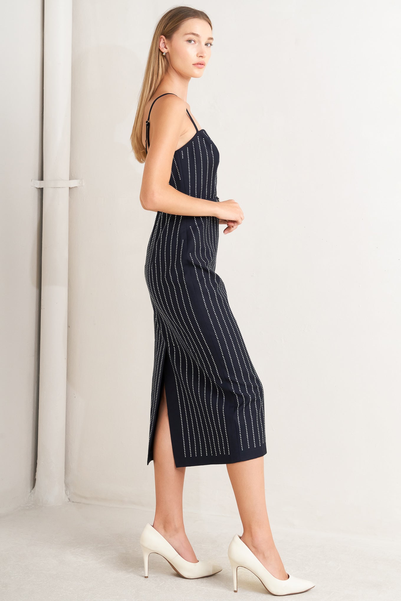 VERTICAL MICRO CRYSTAL NAVY MIDI DRESS