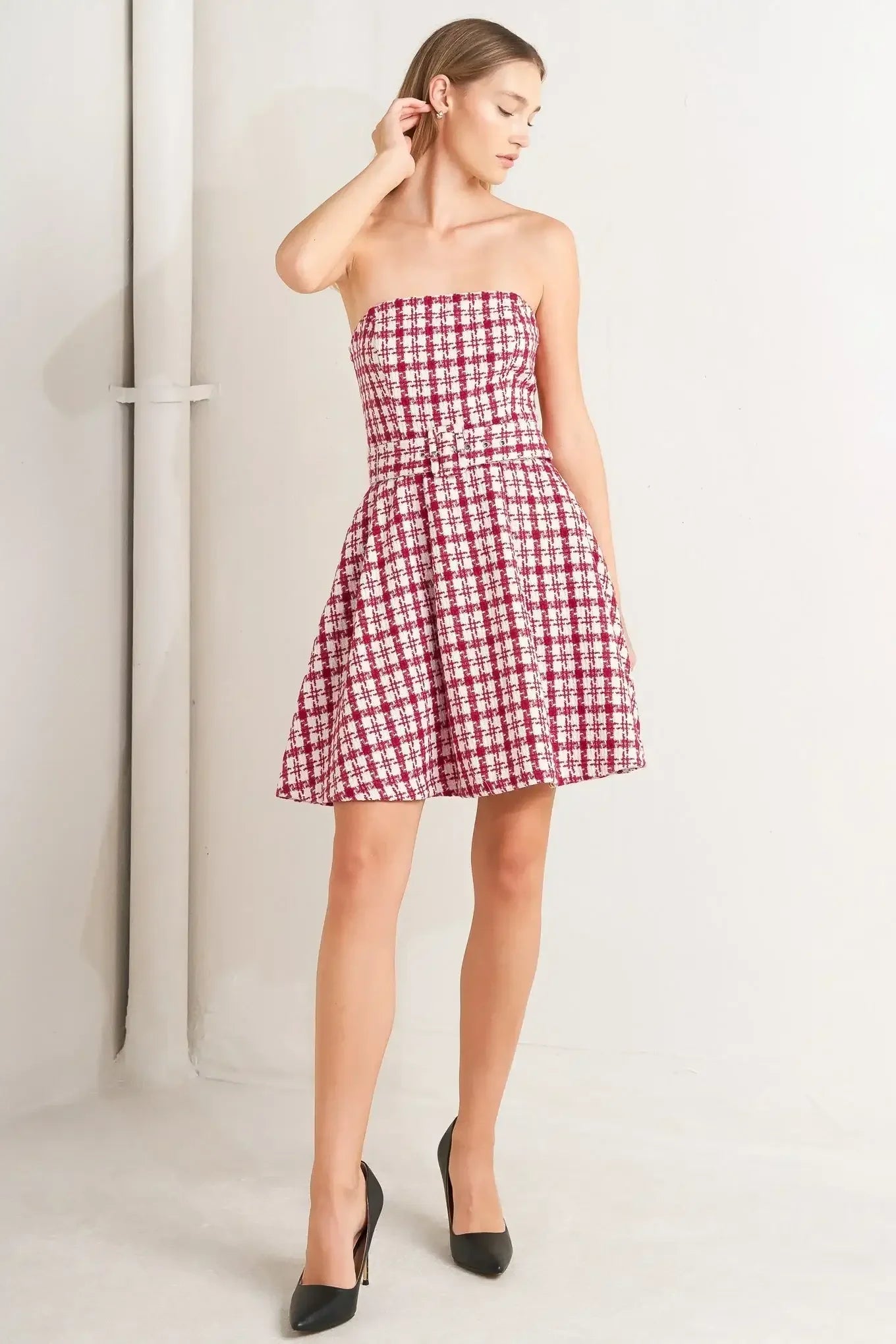 RED CHECK TWEED MINI DRESS