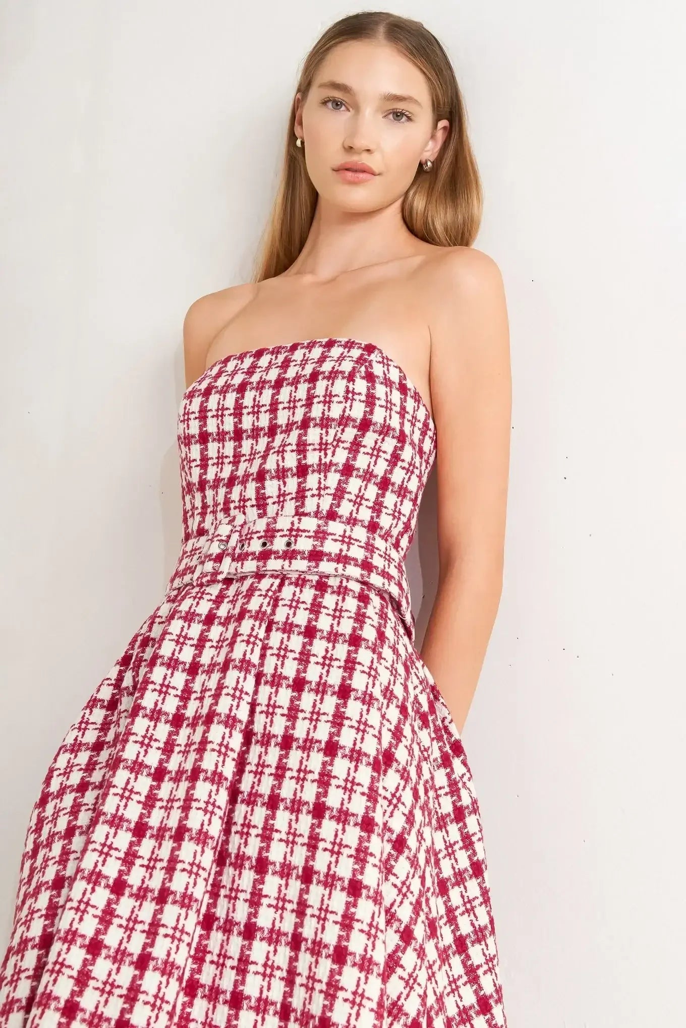 RED CHECK TWEED MINI DRESS
