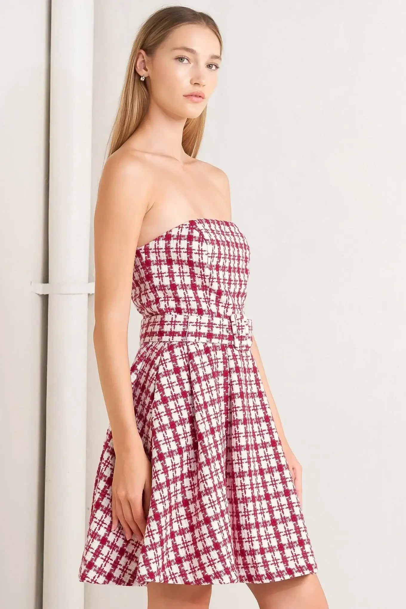 RED CHECK TWEED MINI DRESS