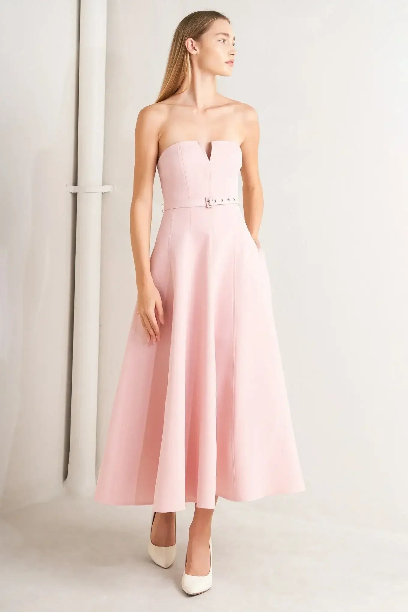 WEEKEND DATE PINK STRAPLESS MIDI DRESS