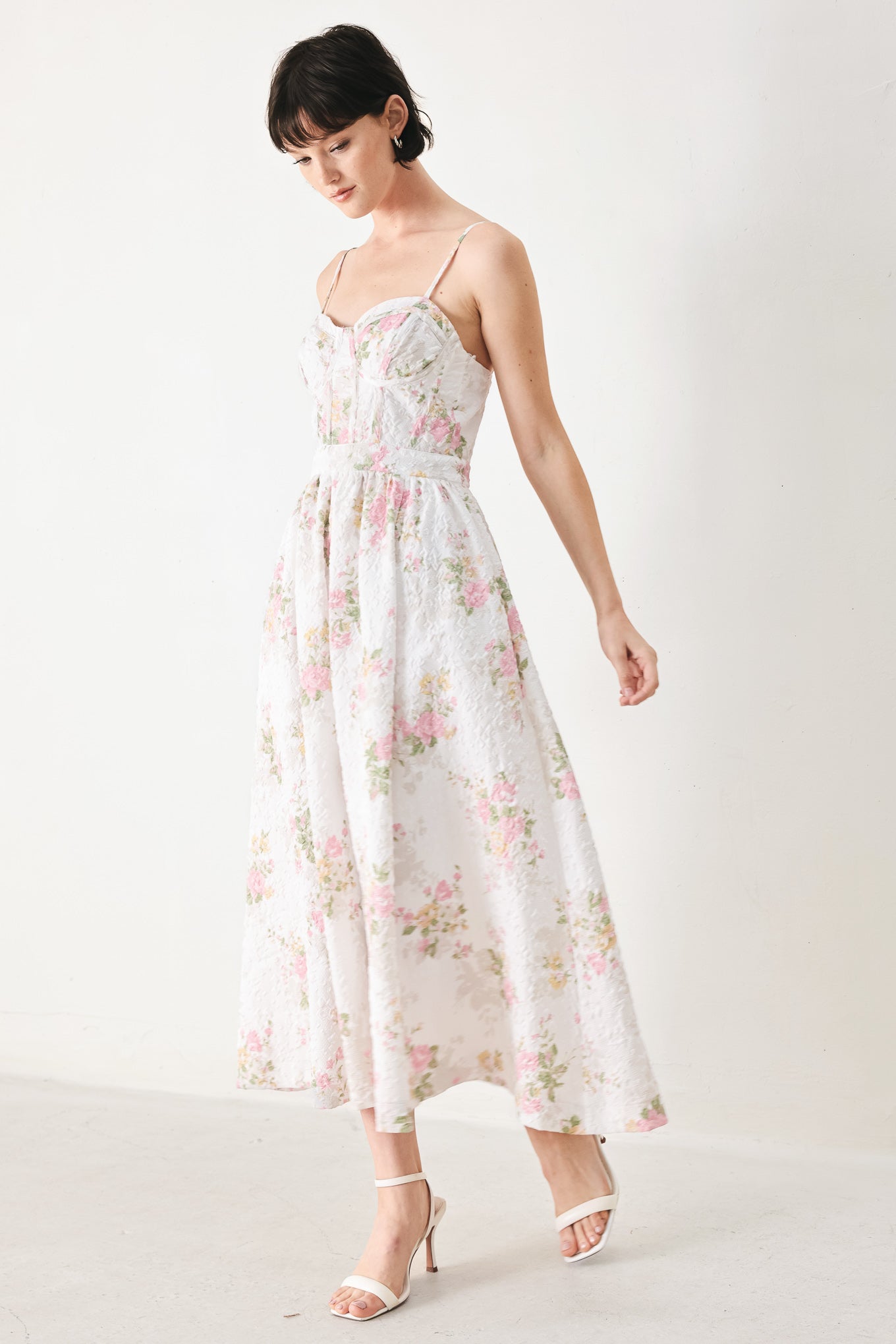 PASTEL ROMANCE WHITE FLORAL MIDI DRESS