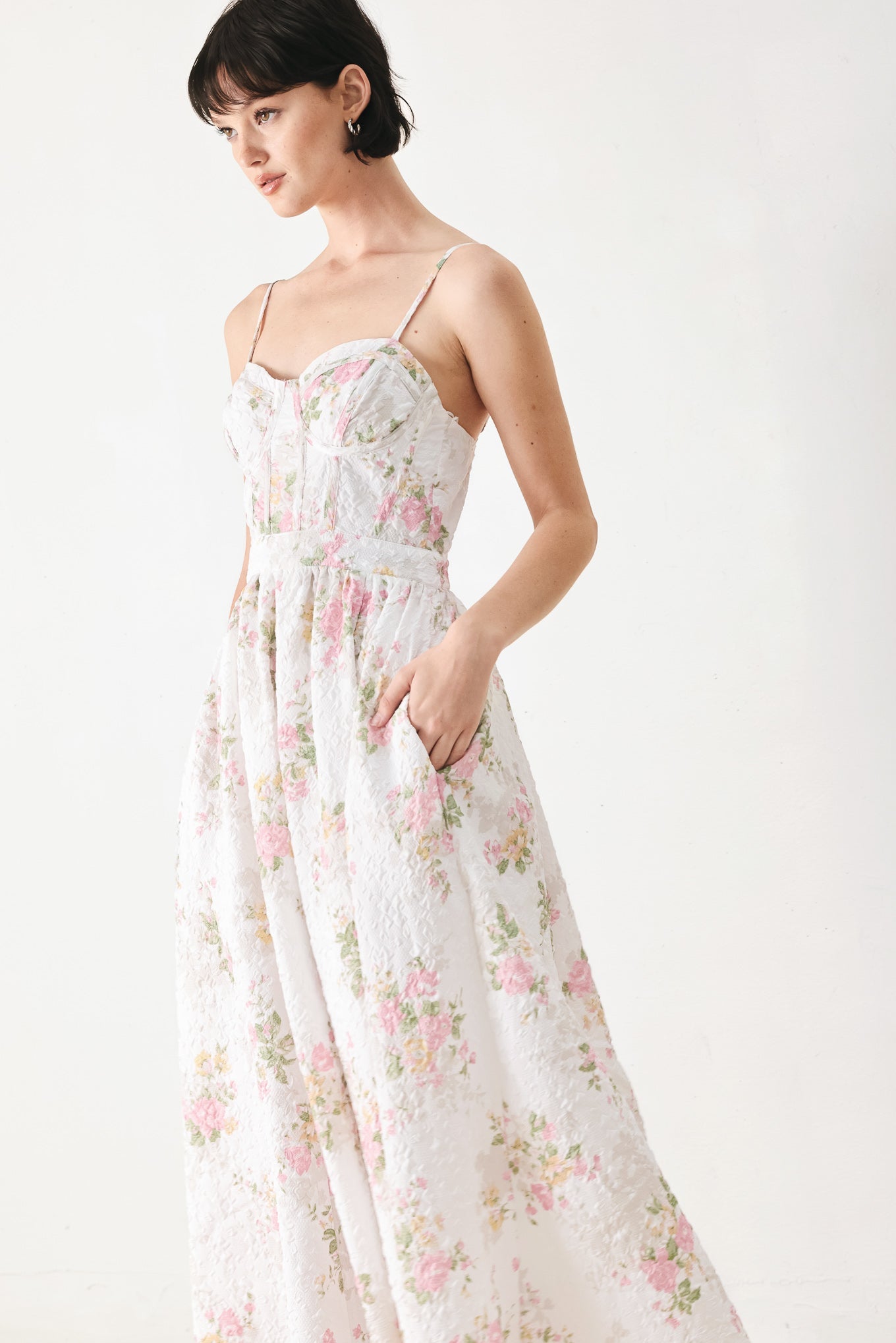 PASTEL ROMANCE WHITE FLORAL MIDI DRESS