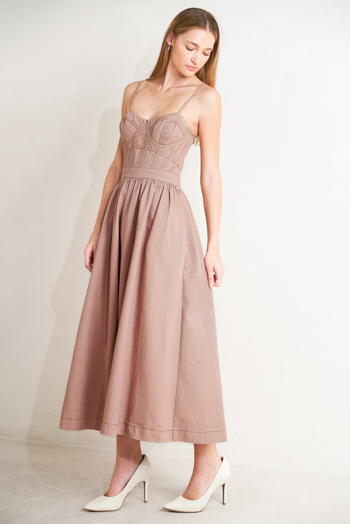 Washed Pink Twill Bustier Midi Dress in Washed Pink, front view | Lady Black Tie