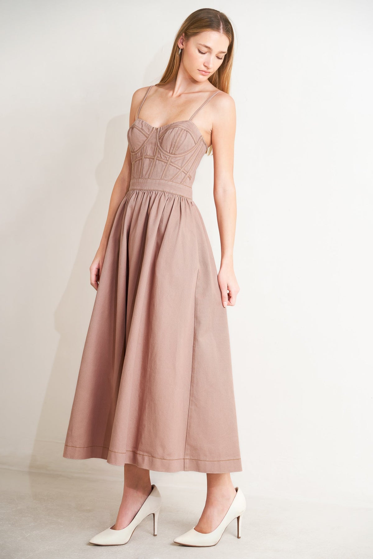 Washed Pink Twill Bustier Midi Dress in Washed Pink, front view | Lady Black Tie