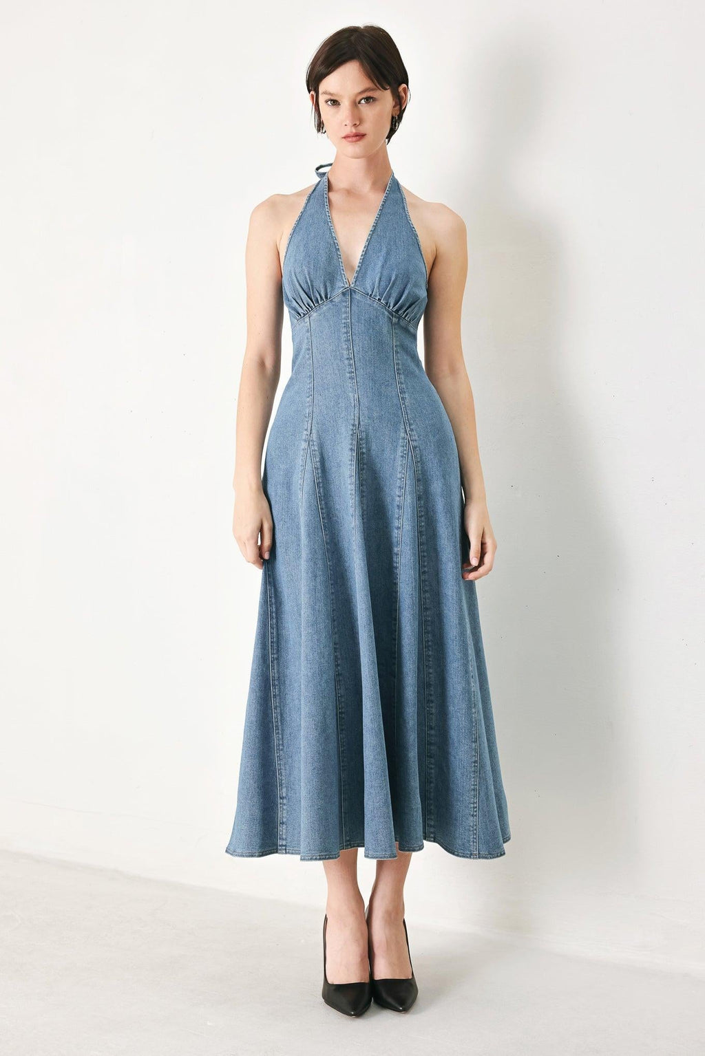 Lady Black Tie - Nashville Blues - Halter Denim Midi Dress