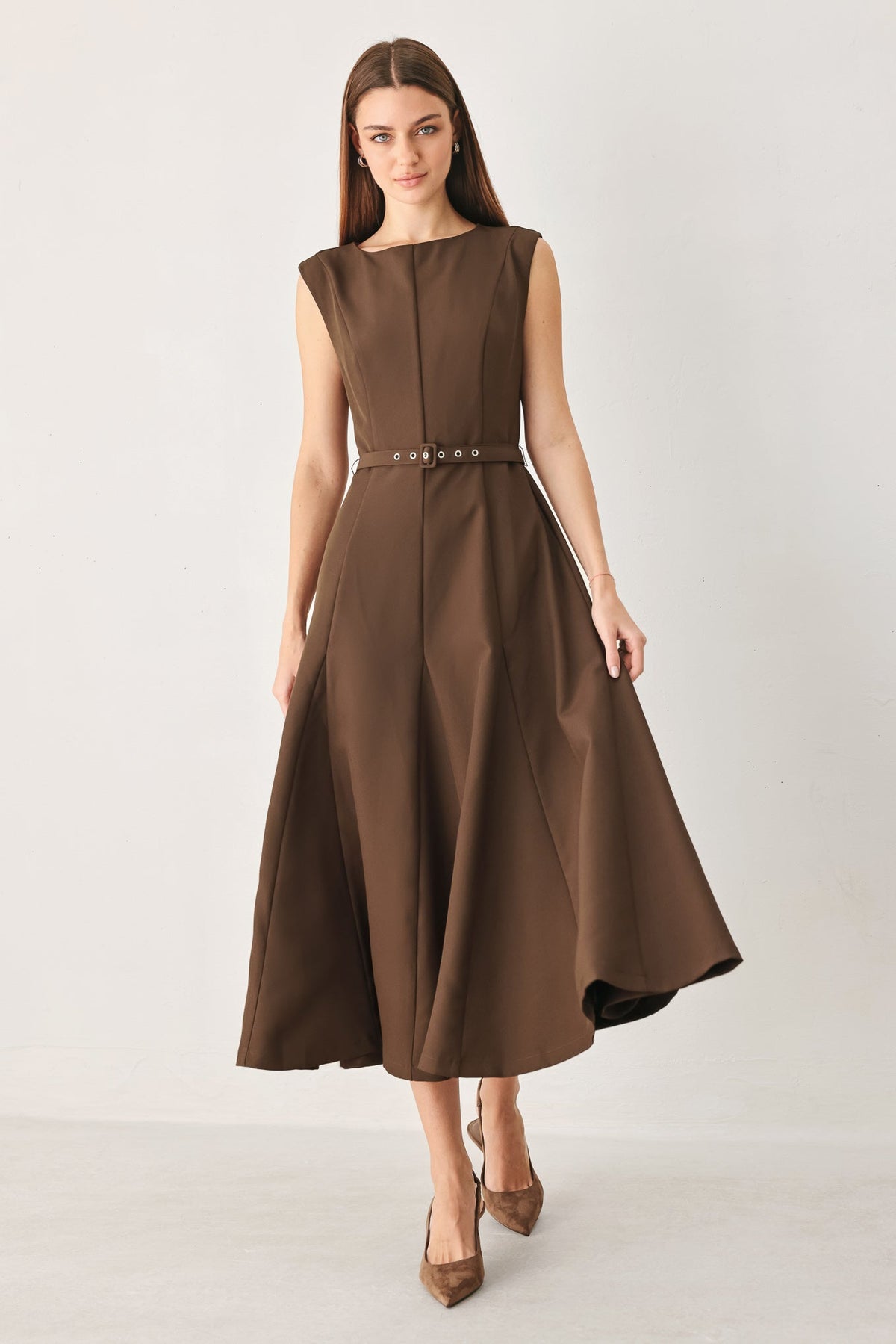 Sleeveless Belted Fit and Flare Midi Dress in Brown, front view | Lady Black Tie