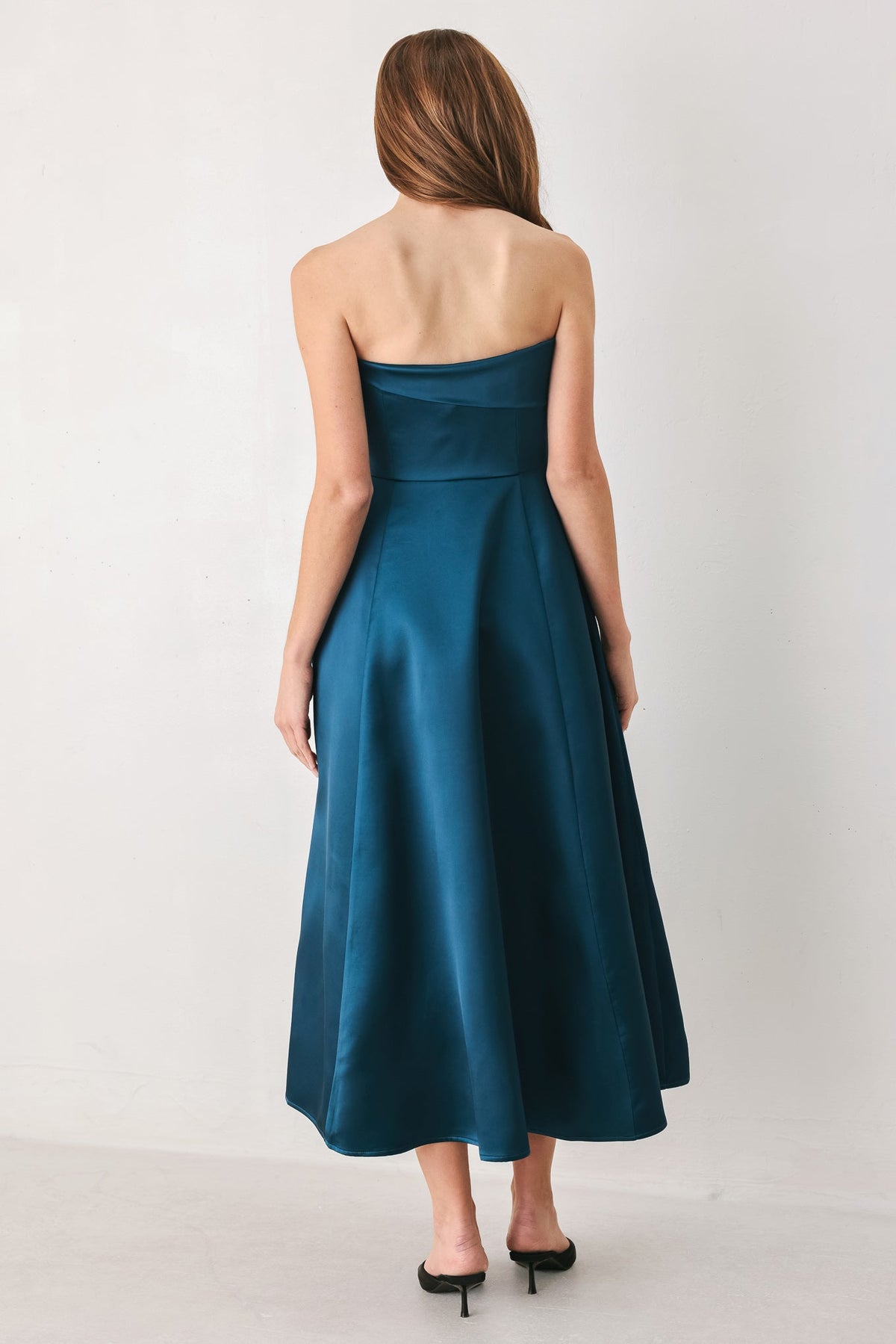 TEAL TEMPO ASYMMETRICAL STRAPLESS MIDI DRESS